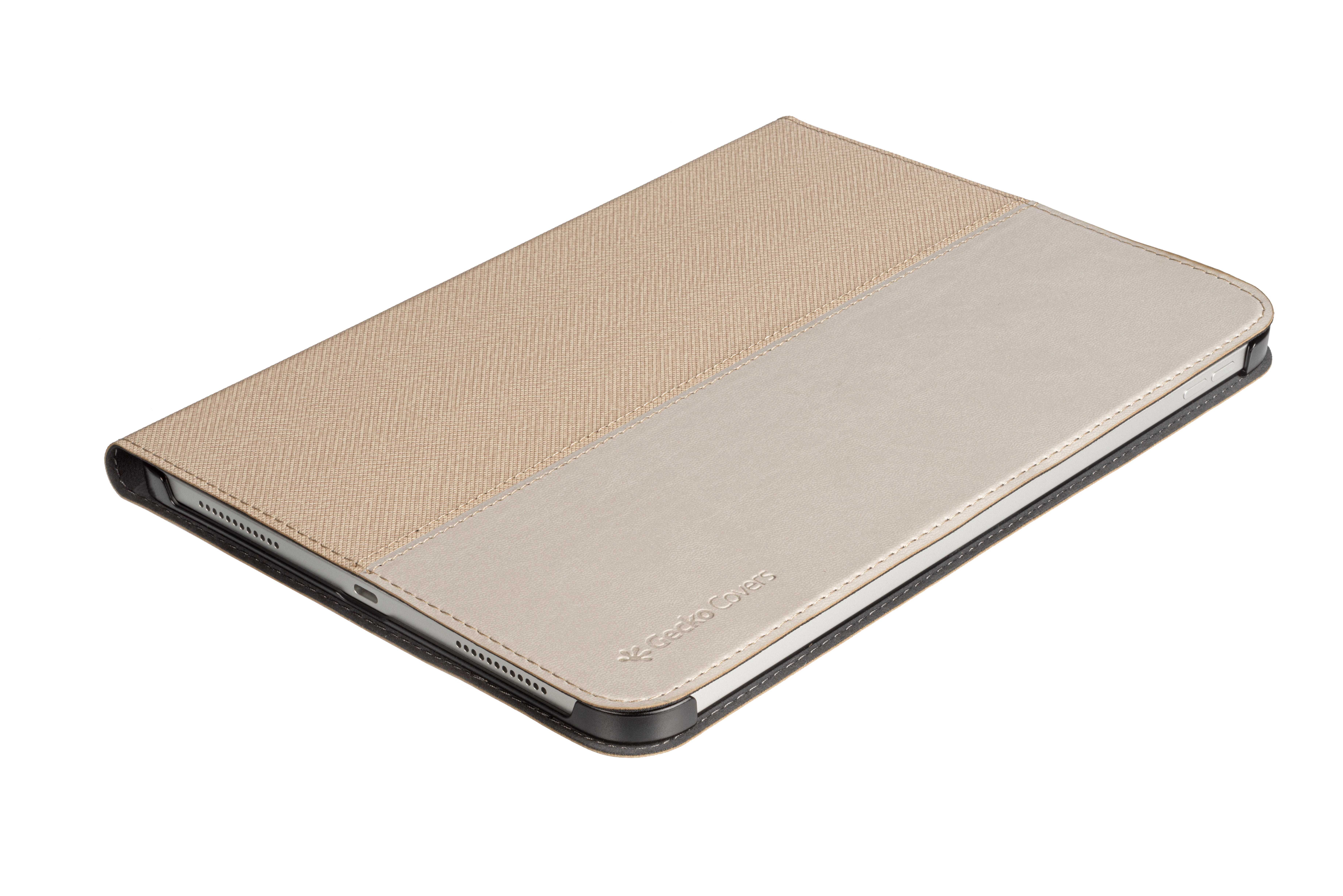 Beige and gray tablet case. It's closed and on a white surface.