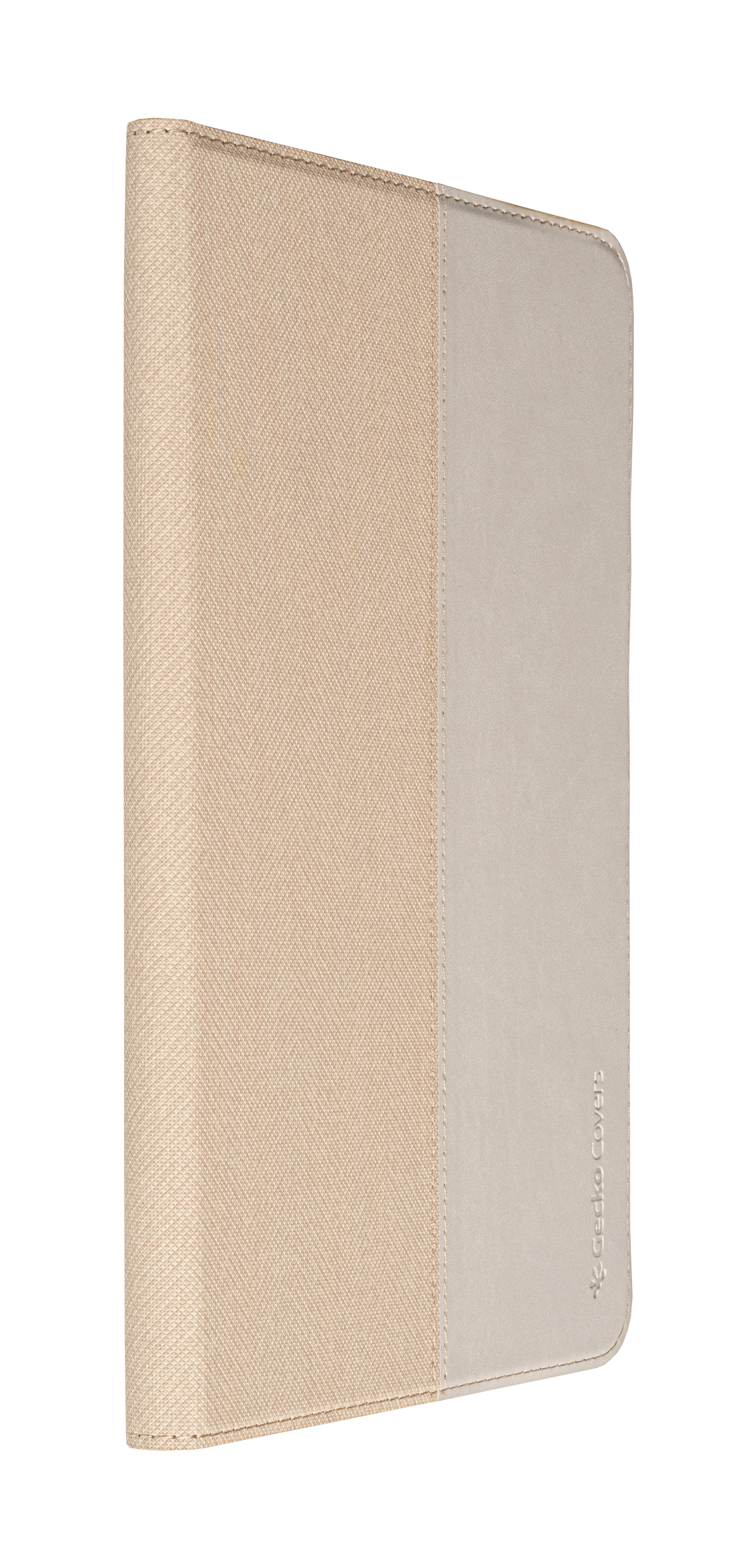 A beige and light gray tablet case is shown, standing upright, with a two-tone design.