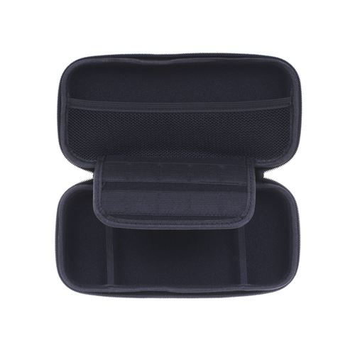 Funda negra con bolsillo de malla y compartimento de almacenamiento, abierta.