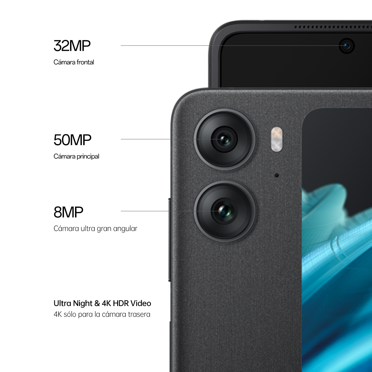 Smartphone con configuración de triple cámara, con texto que indica las especificaciones.