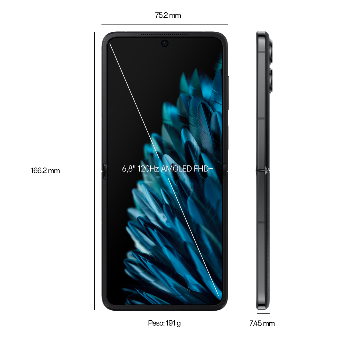 Smartphone negro, abierto, con pantalla que muestra un diseño de plumas azules. Se muestran las dimensiones y el peso.