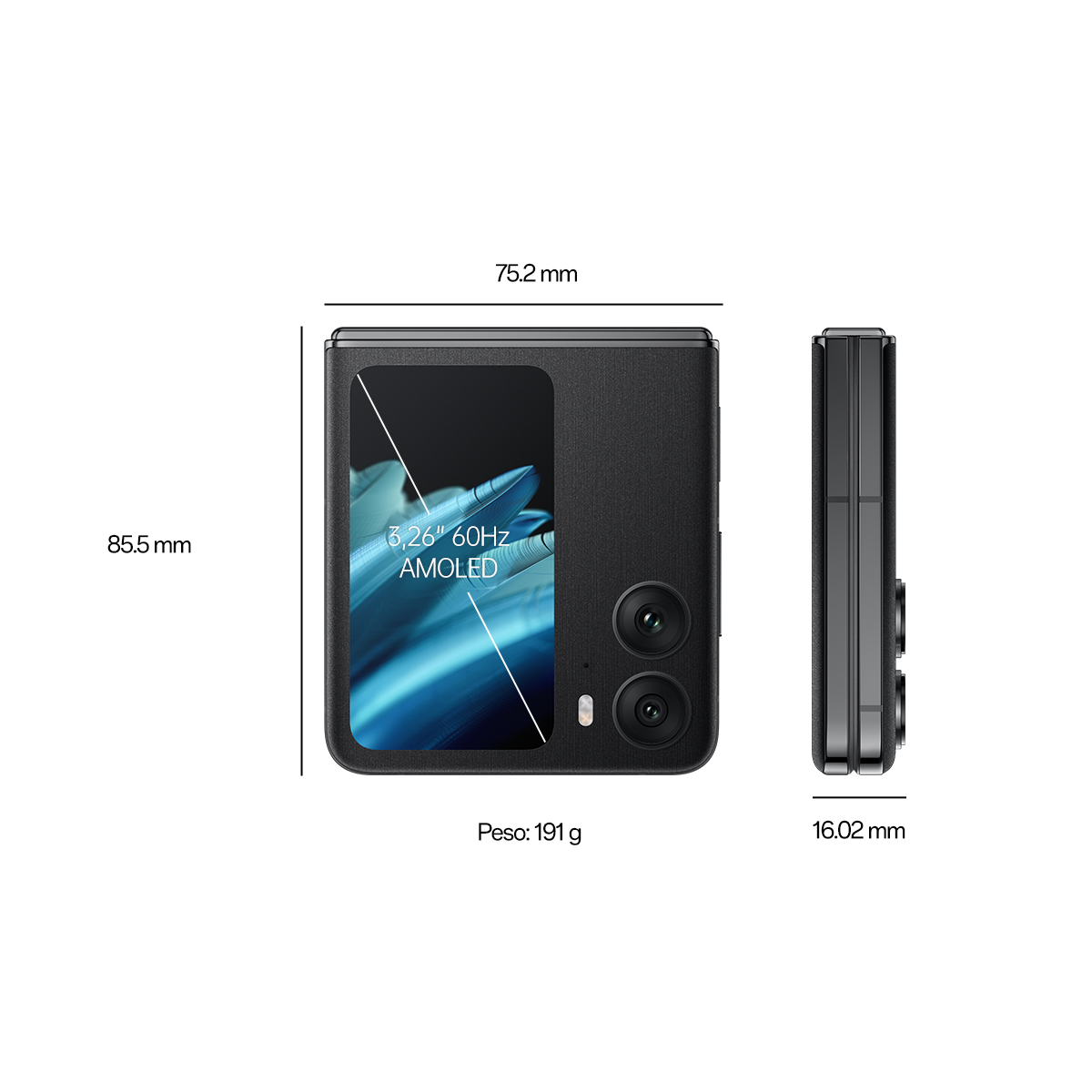 Smartphone negro plegable. Abierto, muestra una pantalla, con dimensiones y detalles de peso.