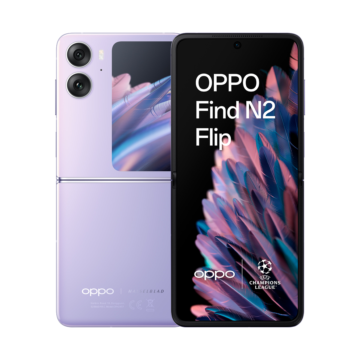 Teléfono púrpura Oppo Find N2 Flip. La pantalla muestra un gráfico. Logotipo de Oppo y Champions League visible.
