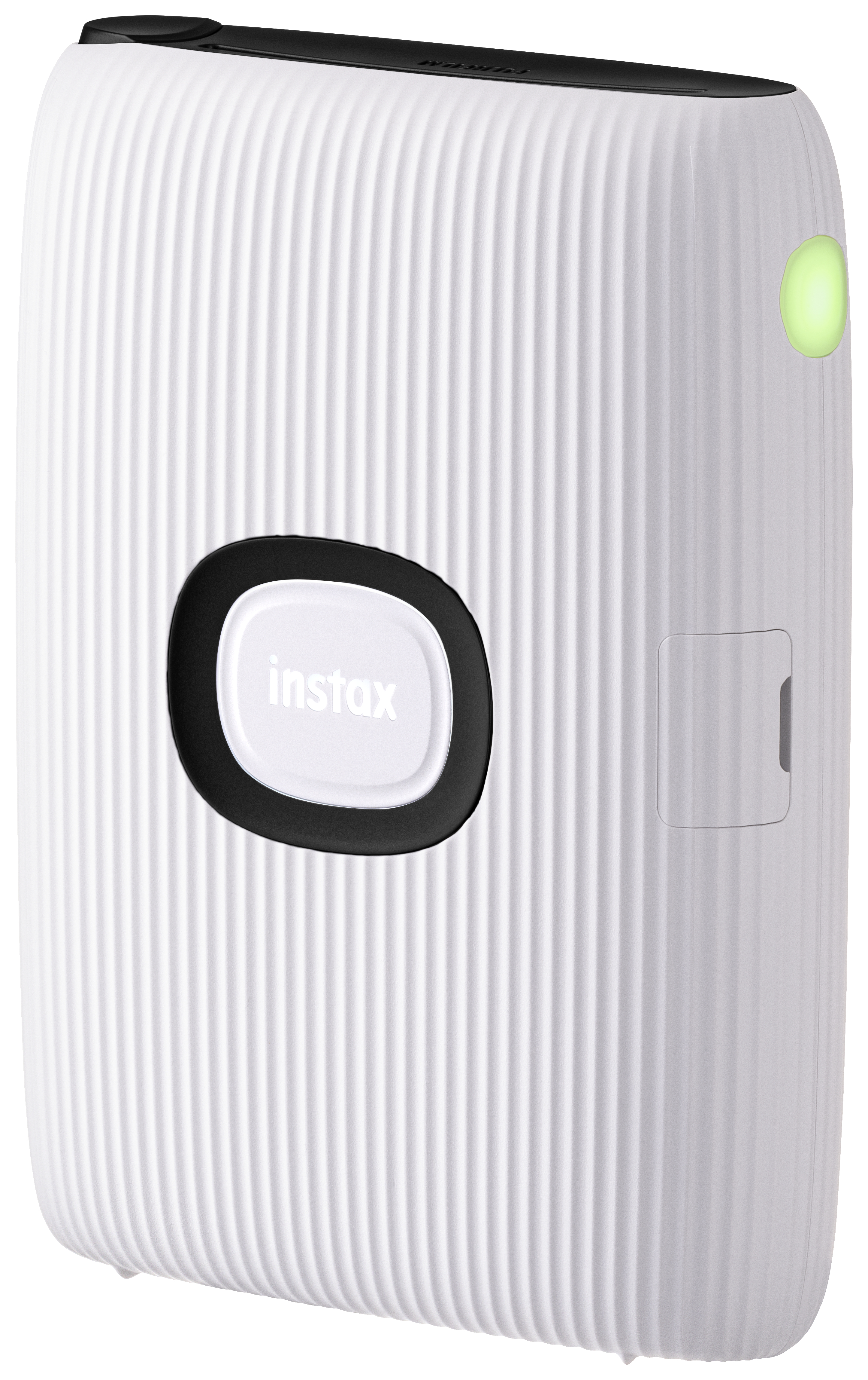 Weißer Instax-Drucker mit schwarzem Kreis und Instax-Text. Grünes Licht an der Seite.