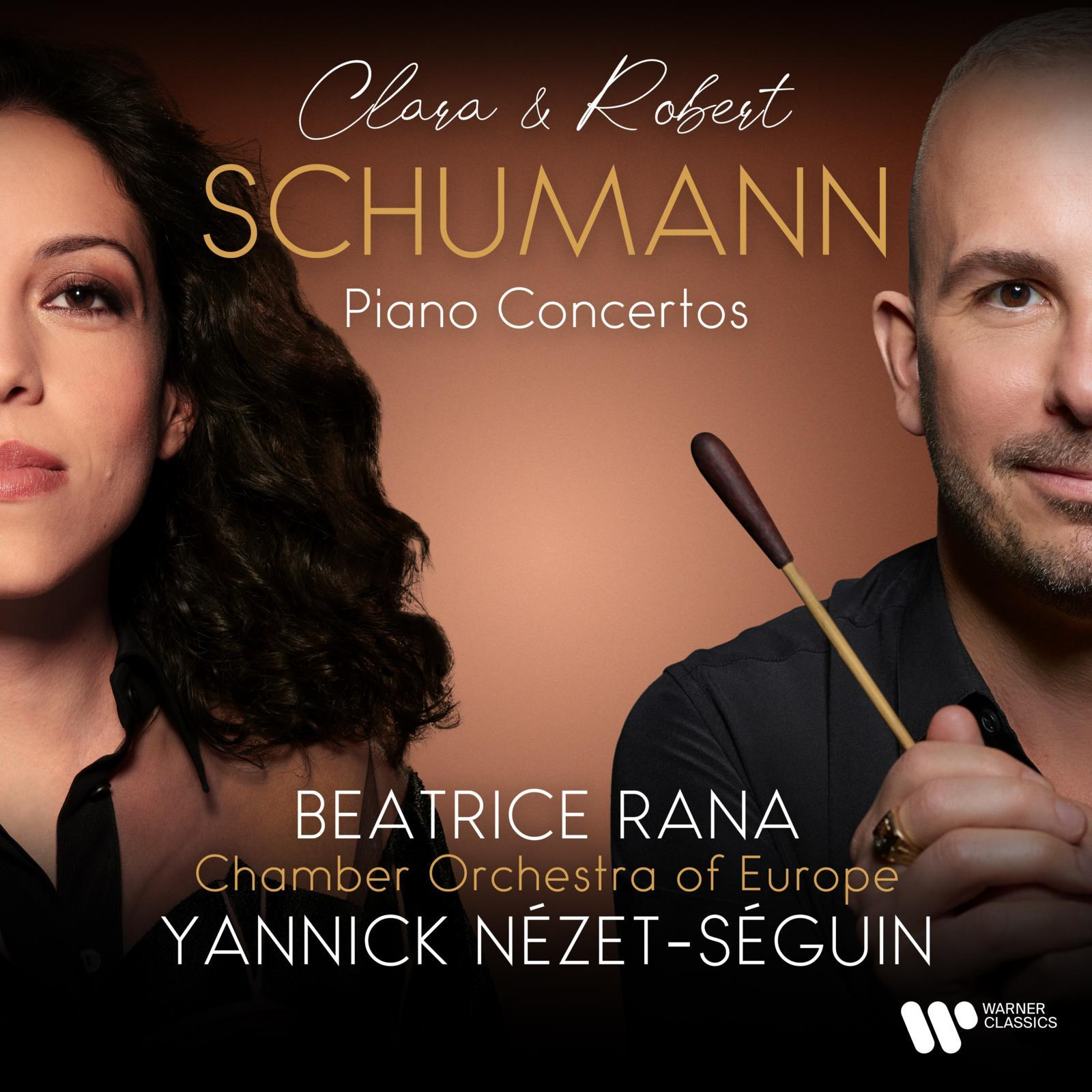 Album borító. Két ember néz egymással szembe. Szöveg: Clara & Robert Schumann, Piano Concertos.