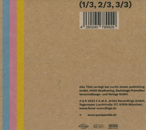 Braunes CD-Cover mit Farbbändern und Barcode, Text auf Deutsch.