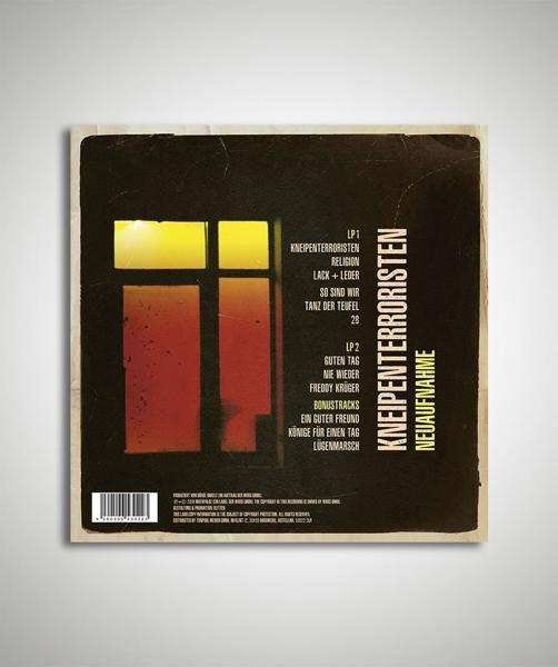 Albumcover mit roten und gelben Formen und deutschem Text.