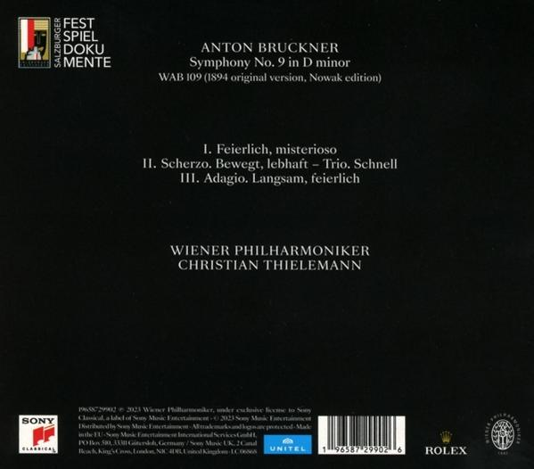 Rückseite einer CD-Hülle mit Text über Anton Bruckners Symphonie Nr. 9 und Orchesterdetails.