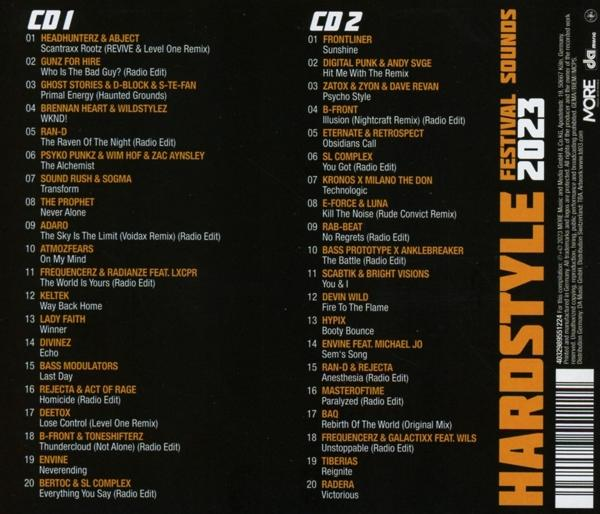 Rückseite einer CD mit Text, Auflistung der Tracks für das Hardstyle Festival 2023.