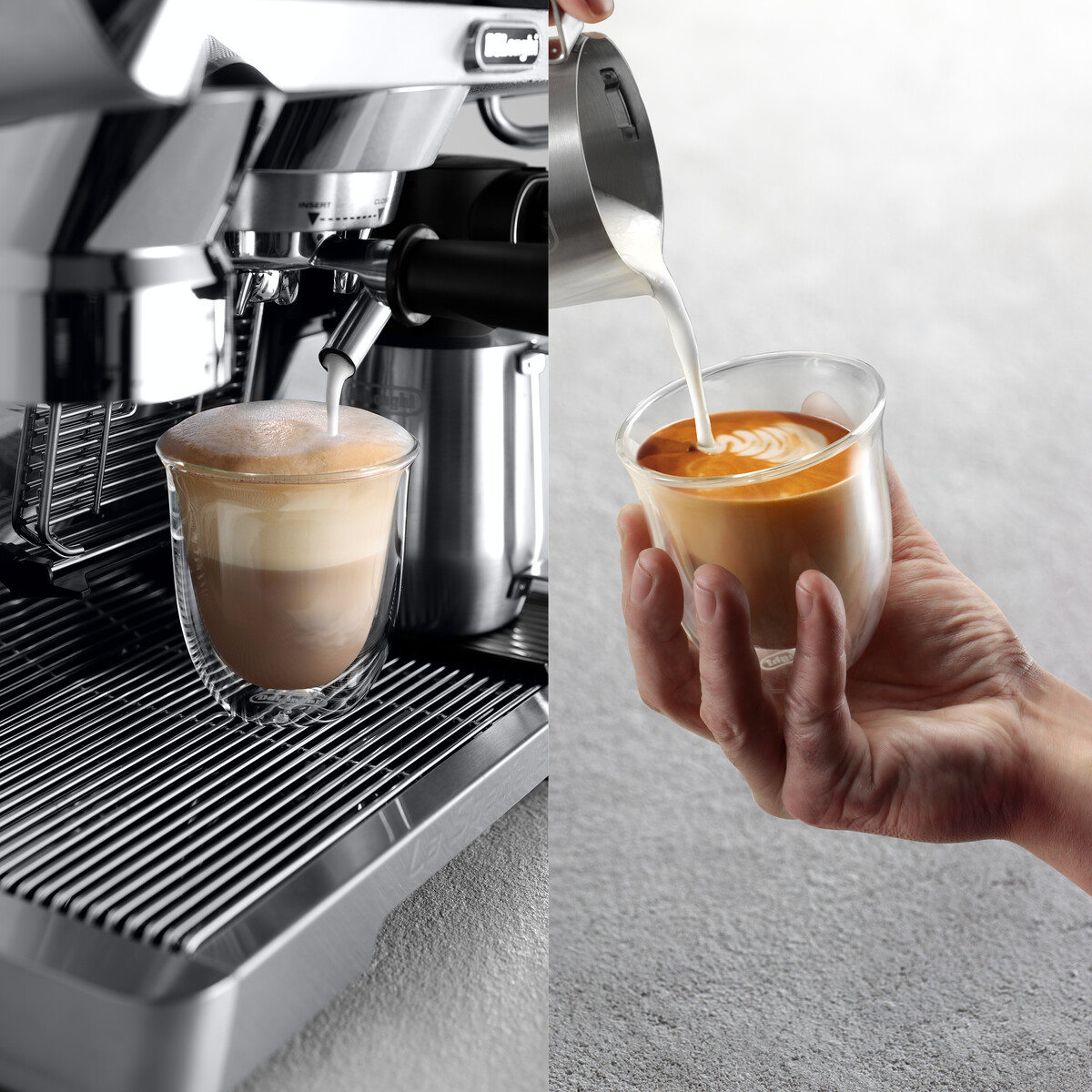 Macchina per caffè espresso con un bicchiere di caffè a strati e una mano che versa il latte.