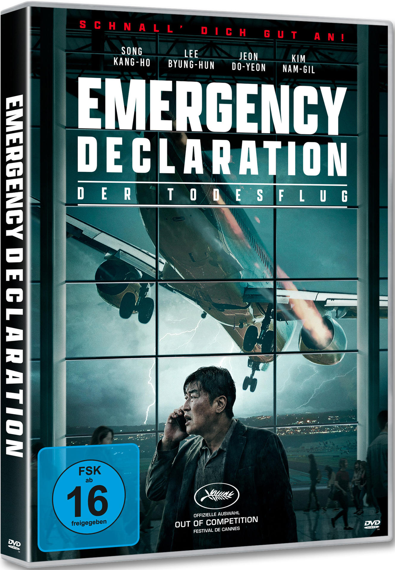 DVD-Cover für den Film 'Emergency Declaration'. Zeigt ein Flugzeug und einen Mann am Telefon.