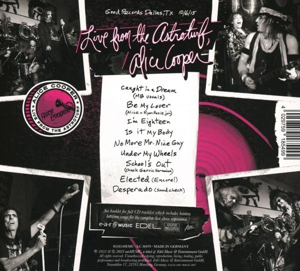 Albumcover mit Text und Bildern einer Live-Performance von Alice Cooper und Bandmitgliedern.