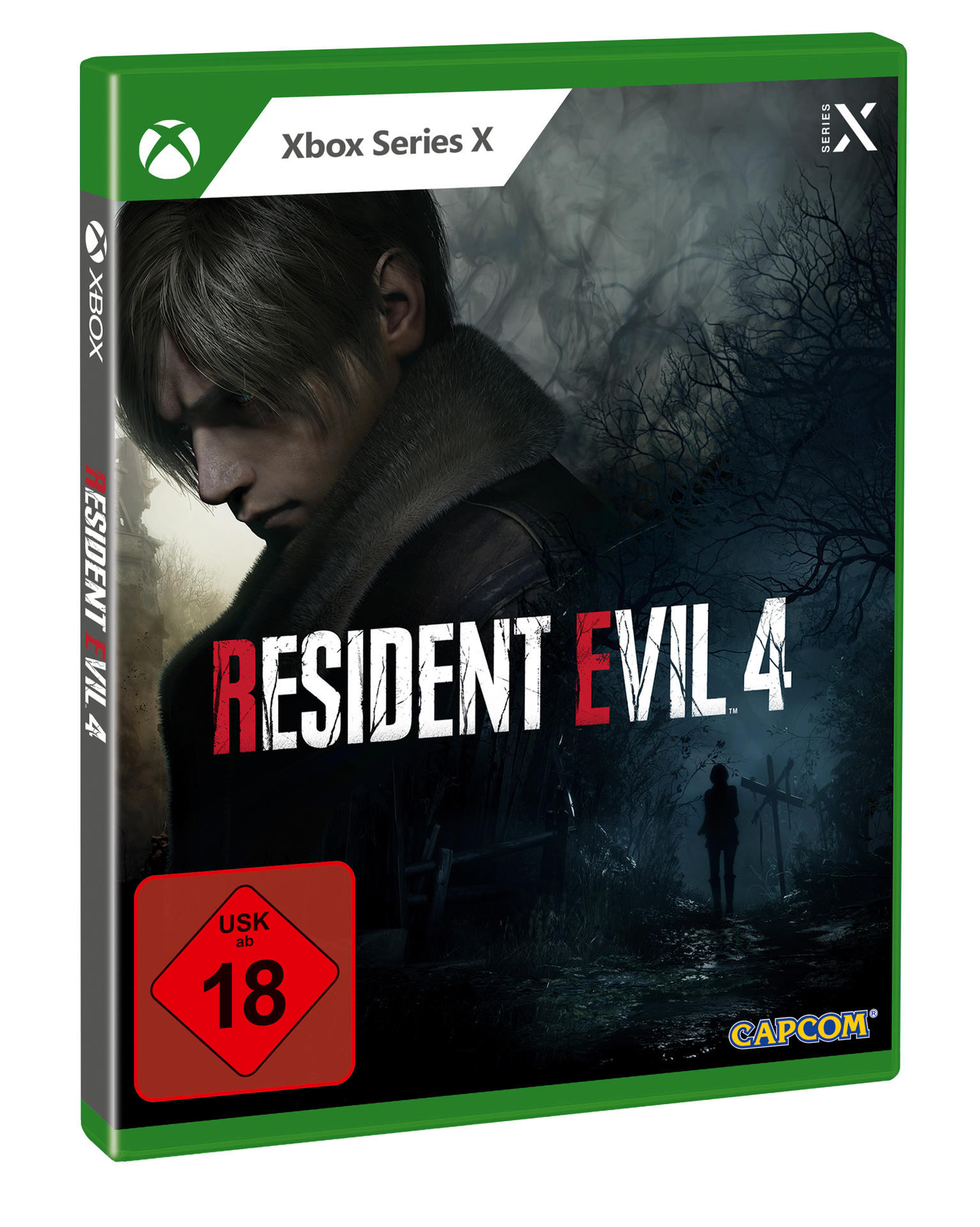 Spielbox von Resident Evil 4. Mann mit dunklen Haaren ist auf dem Cover.