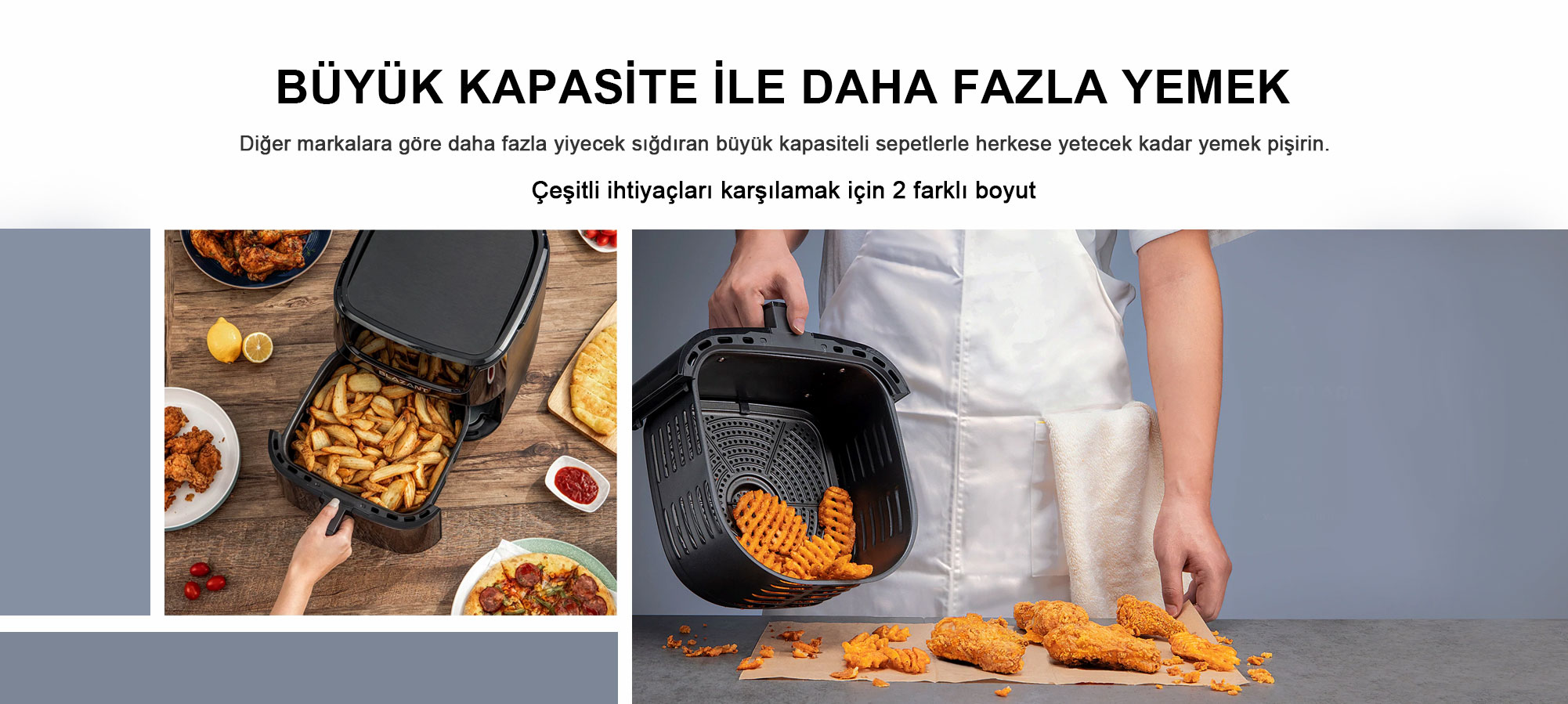 Patates kızartması dolu bir sepeti olan bir hava fritözü. Bir kişi sepeti çıkarıyor. Masada kızarmış tavuk.
