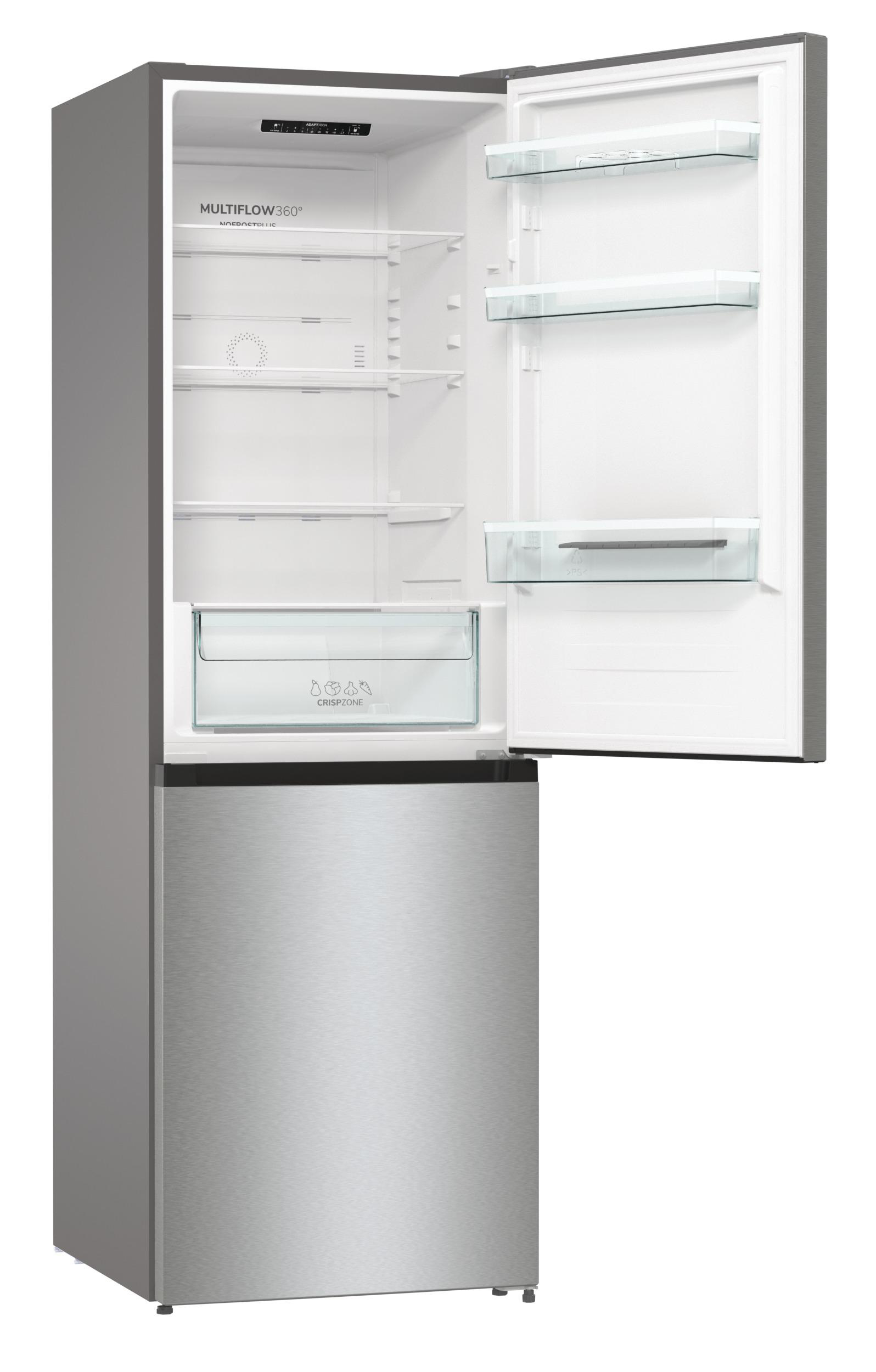 Geöffneter Kühlschrank mit Lebensmitteln. Silberne Front.
