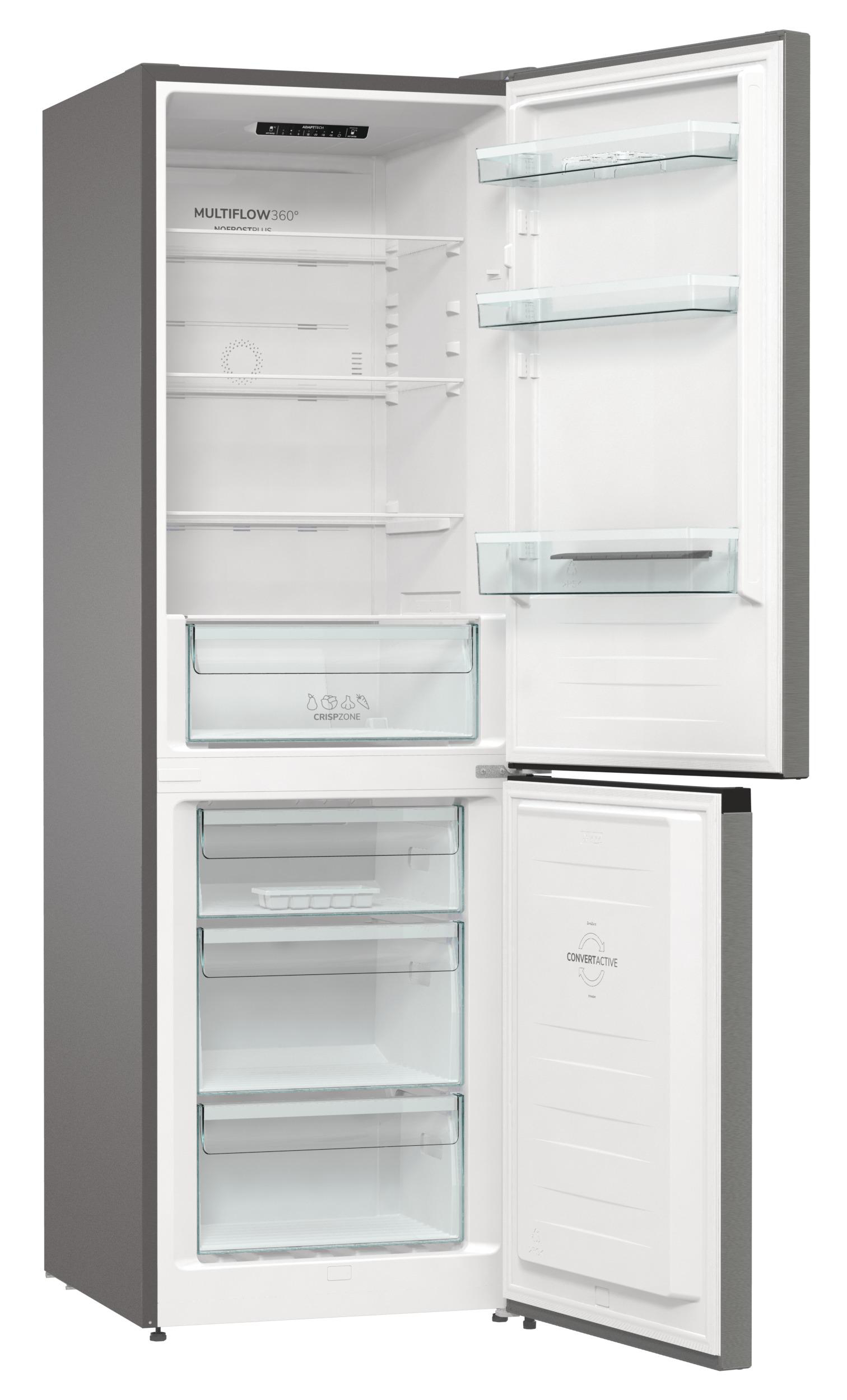 Kühlschrank-Innenraum mit Regalen, Schubladen und Lebensmitteln.