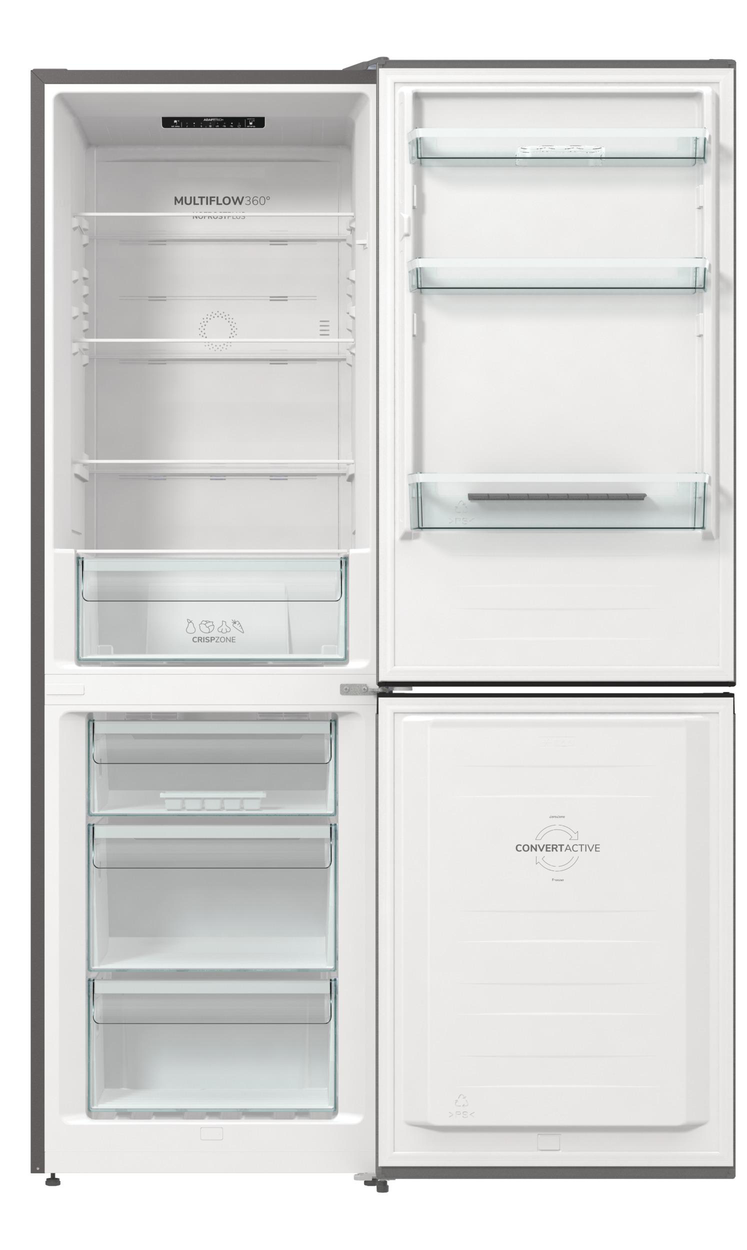 Ein weißer Kühlschrank mit geöffneten Türen, der Regale, Schubladen und Innenkomponenten zeigt.