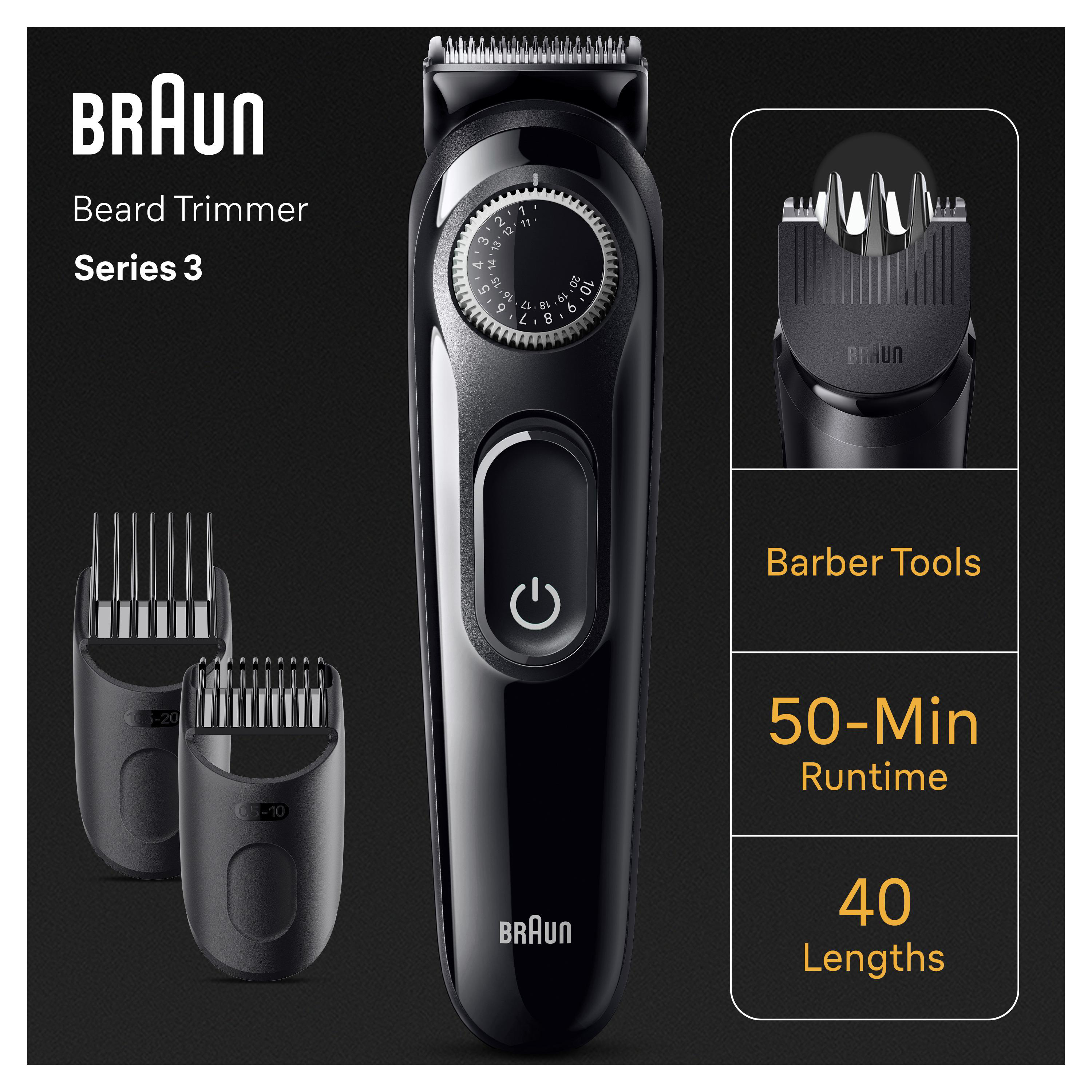 Schwarzer Braun Barttrimmer mit Aufsätzen, Funktionen auf der rechten Seite gelistet.