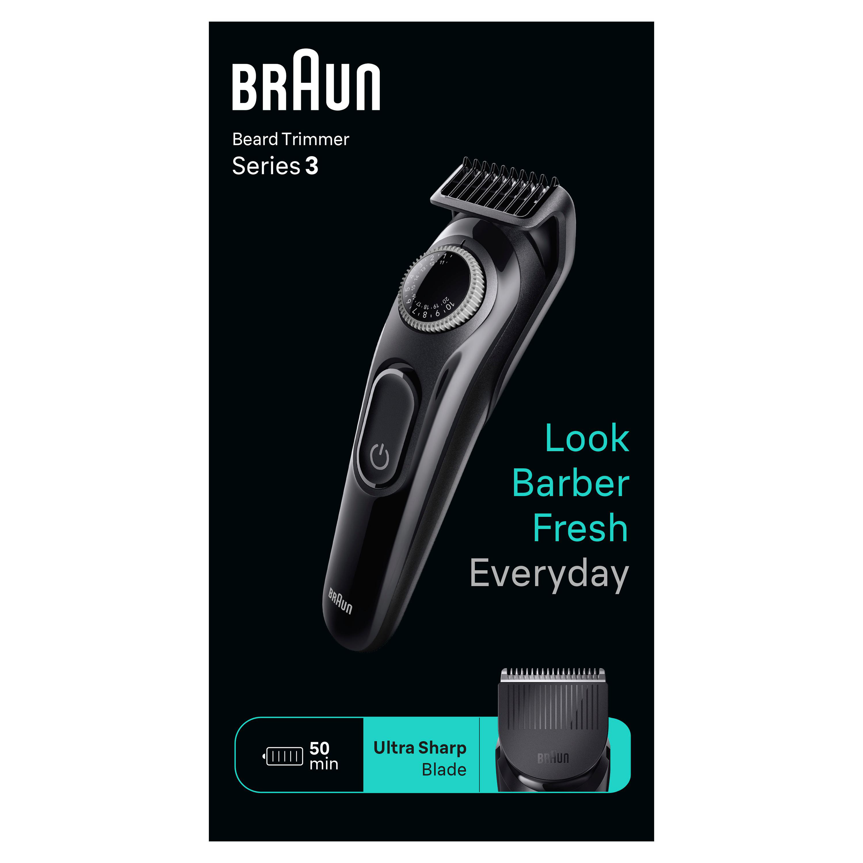 Schwarzer Braun Barttrimmer mit Text "Look Barber Fresh Everyday".