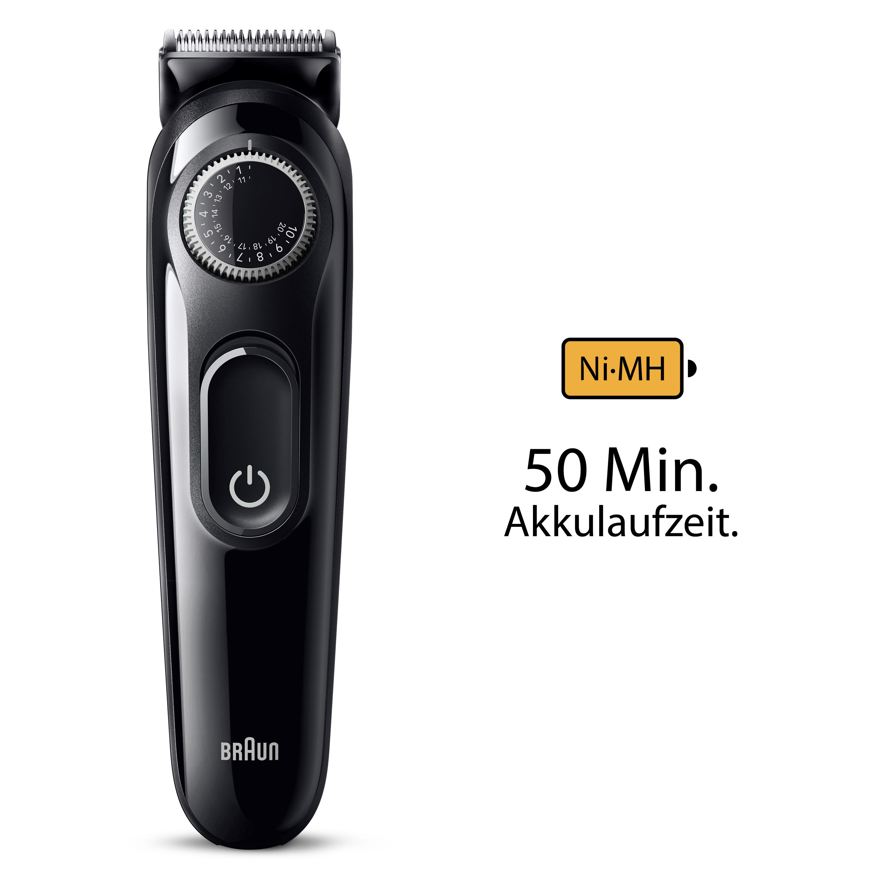 Ein schwarzer Braun Barttrimmer mit Digitalanzeige und Ni-MH Batterieanzeige.