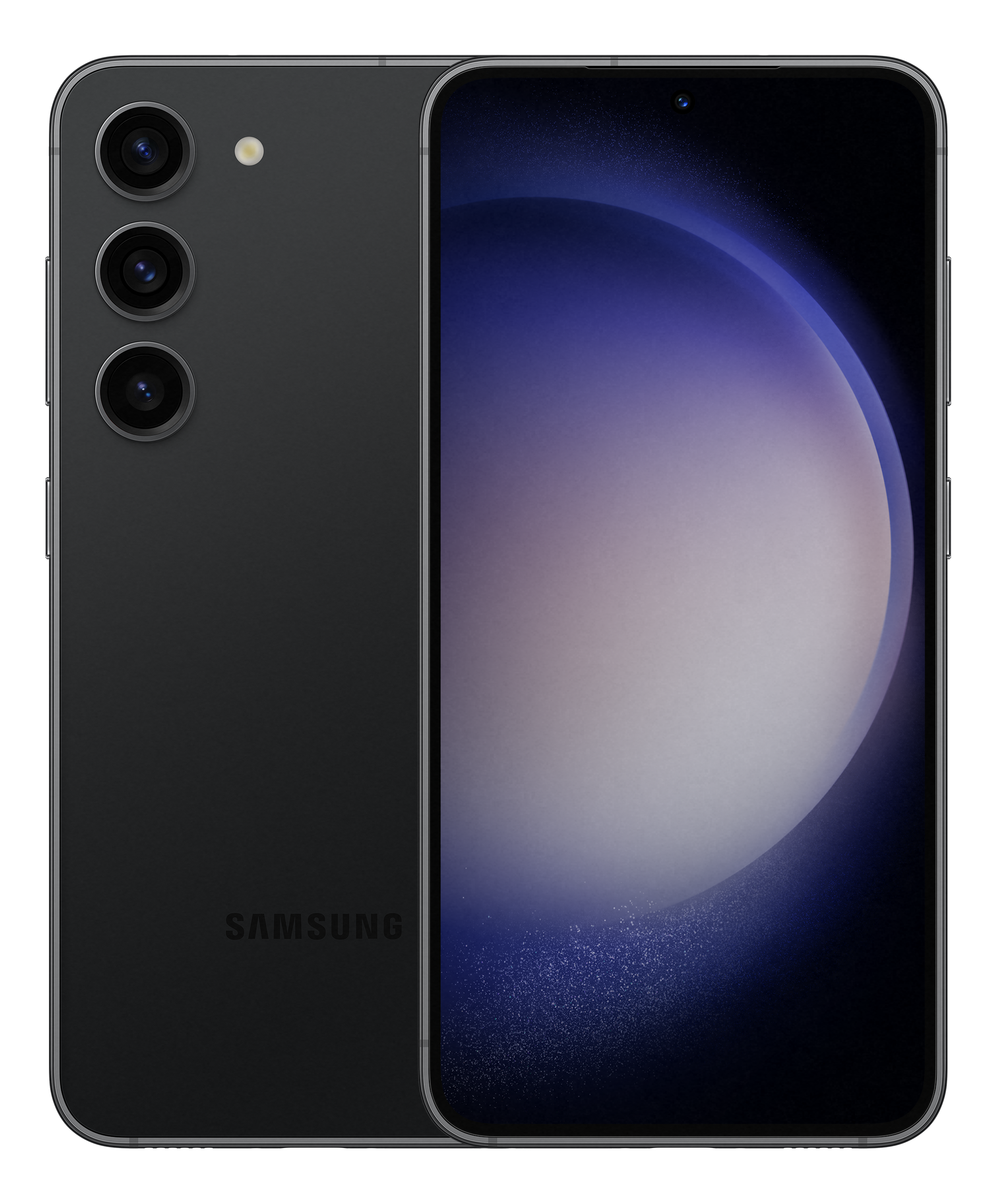 Ein schwarzes Smartphone wird gezeigt, wobei die Rückseite und die Vorderseite angezeigt werden. Die Rückseite hat drei Kameras.