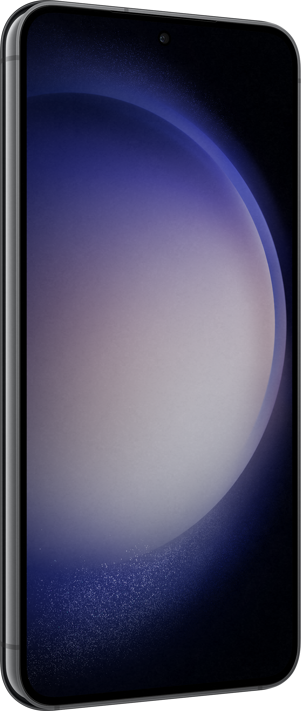 Ein modernes Smartphone in Silber. Der Bildschirm zeigt einen Farbverlauf von Lila und Weiß.