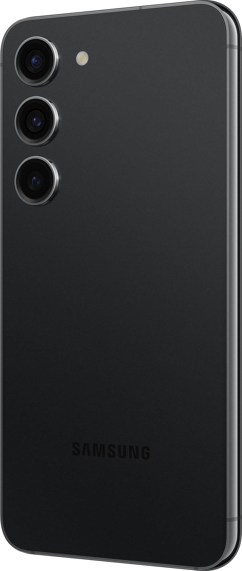 Schwarzes Smartphone mit drei Rückkameras und dem Samsung-Logo. Das Telefon wird in einem Winkel gezeigt.