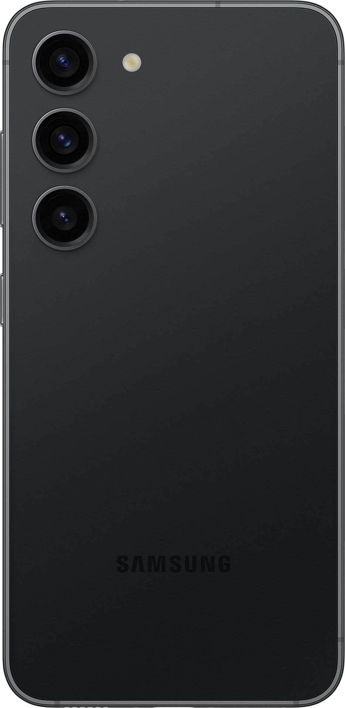 Schwarzes Samsung-Handy-Rückseite mit drei Kameras und Blitz.