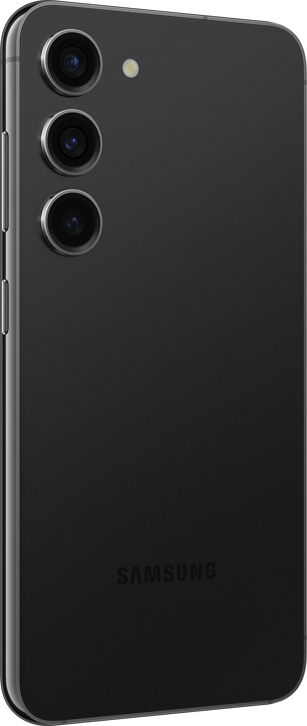 Schwarzes Telefon, Rückansicht, mit drei Kameras und Samsung-Logo.