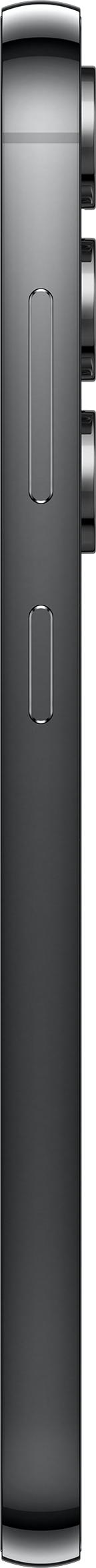 Schwarzes Smartphone. Rückseite des Telefons mit Kamera und Tasten. Schwarzer Hintergrund.