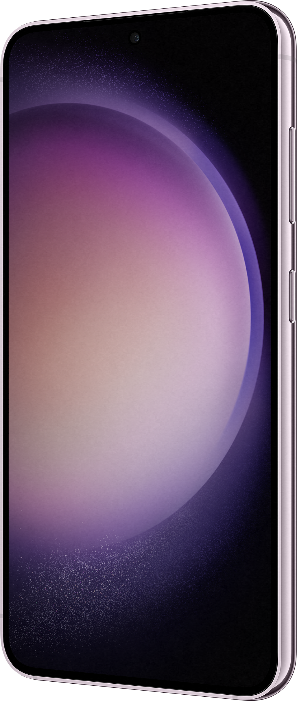 Eine Seitenansicht eines Mobiltelefons. Es ist hellviolett mit einem schwarzen Bildschirm. Der Hintergrund ist schwarz.