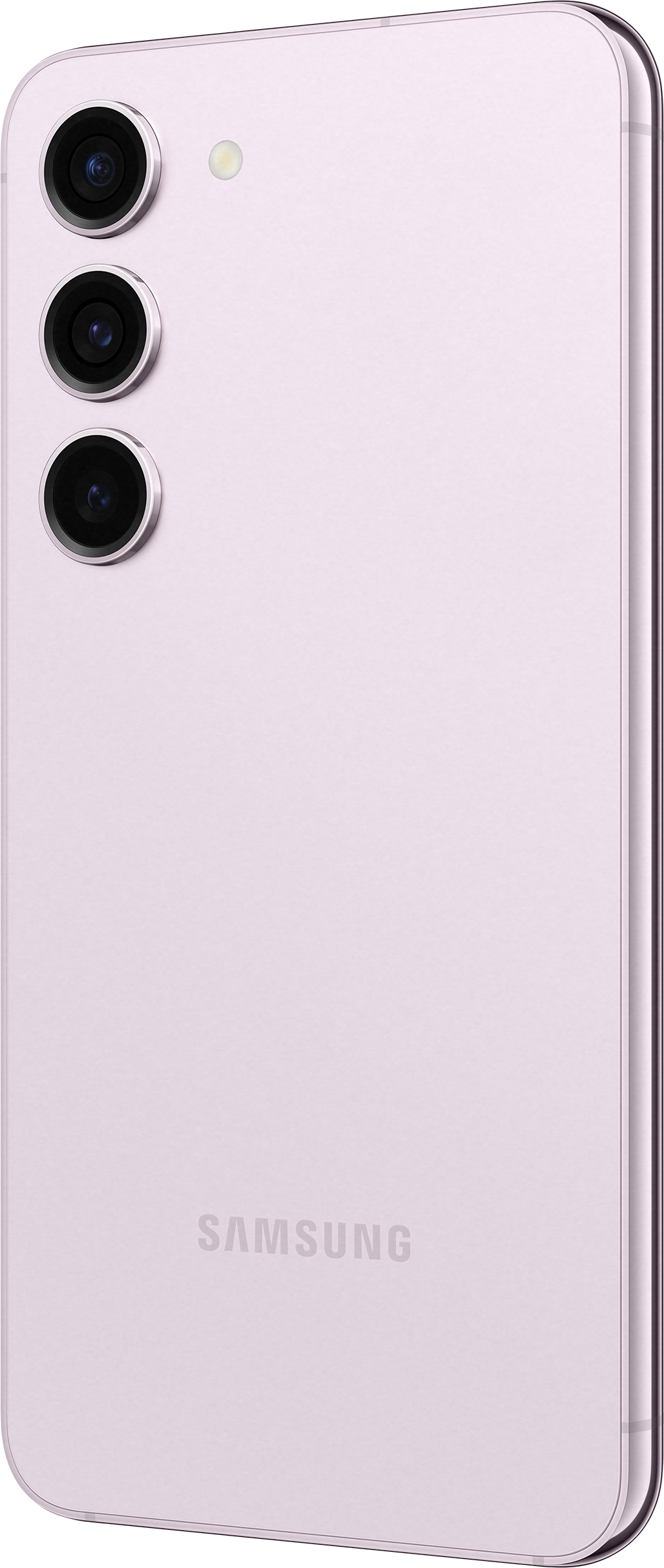 Rosa Telefon von der Seite mit drei Kameras und Samsung-Logo auf der Rückseite.