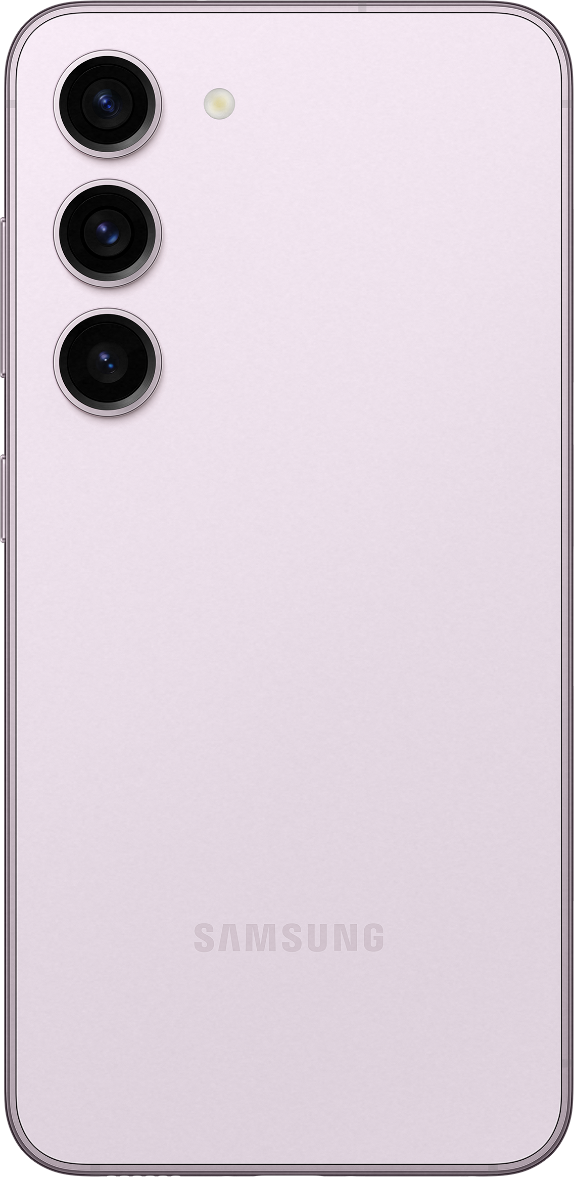 Rückseite eines hellvioletten Smartphones mit drei Kameras.
