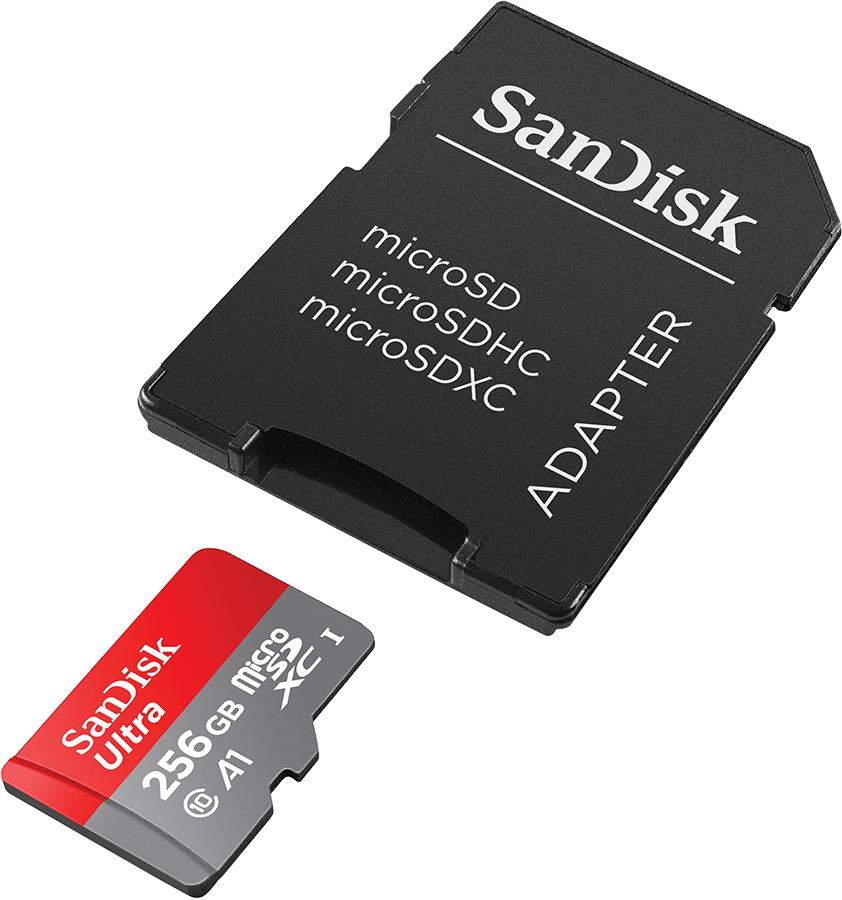 An SD card adapter and a red and black SanDisk Ultra microSD card.