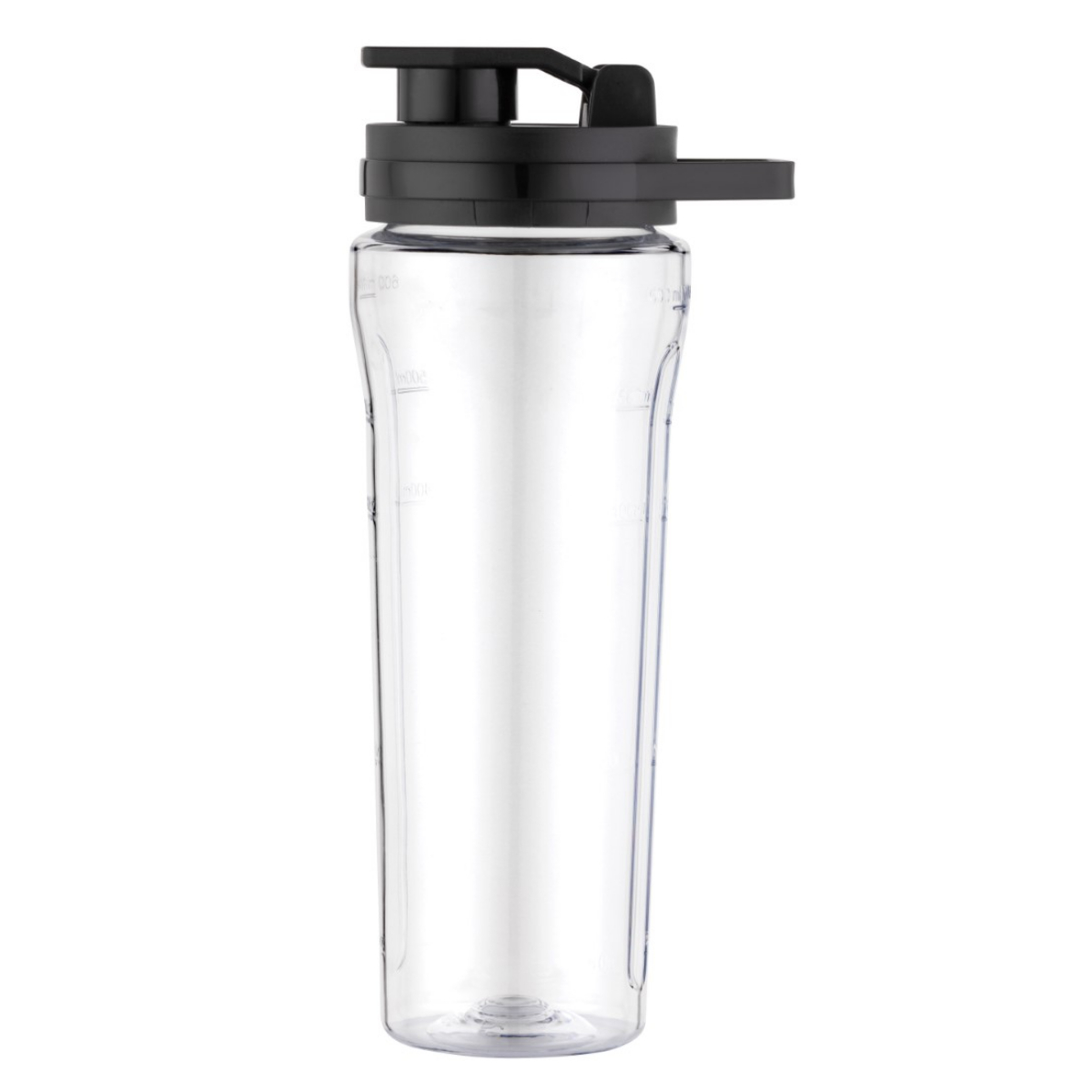 Siyah kapaklı, ölçüm çizgili ve saplı şeffaf bir blender şişesi.