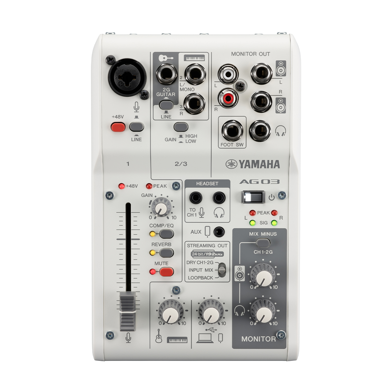 Interfaccia audio Yamaha AG03. Bianco con vari ingressi, uscite e controlli.