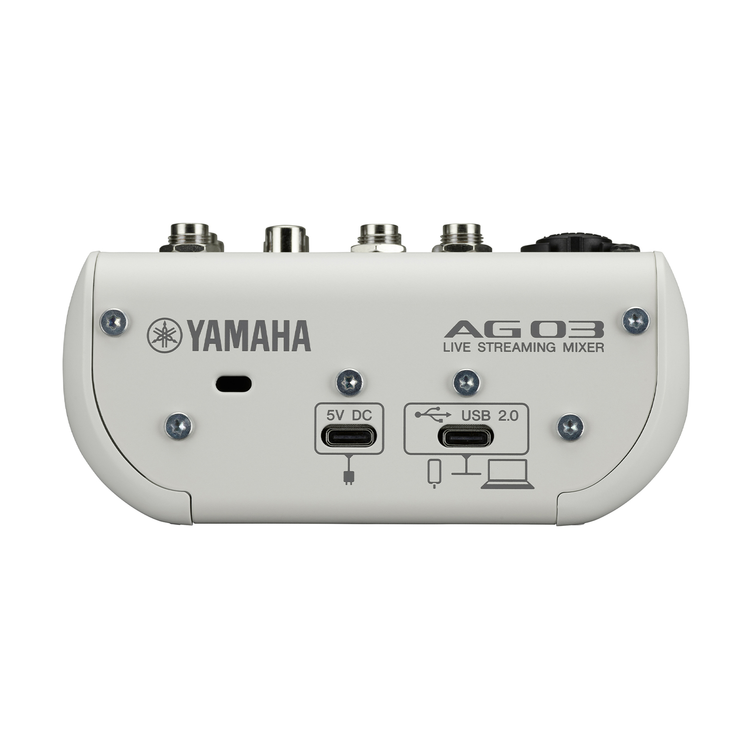 Mixer Yamaha AG03 bianco. Mostra ingressi e uscite. USB, 5V DC e logo Yamaha visibili.