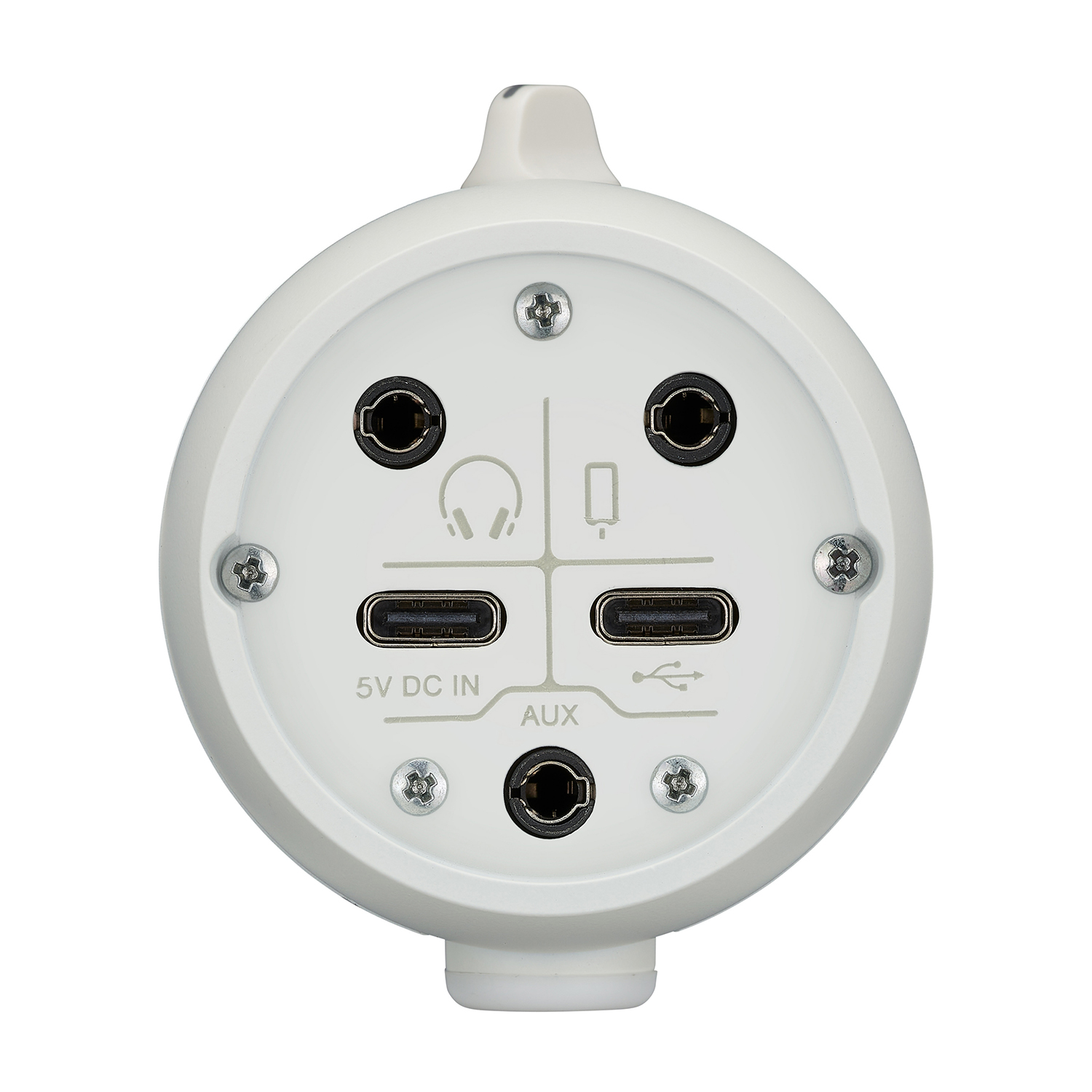Dispositivo bianco con più ingressi e testo: 5V DC IN, AUX, cuffie e USB.