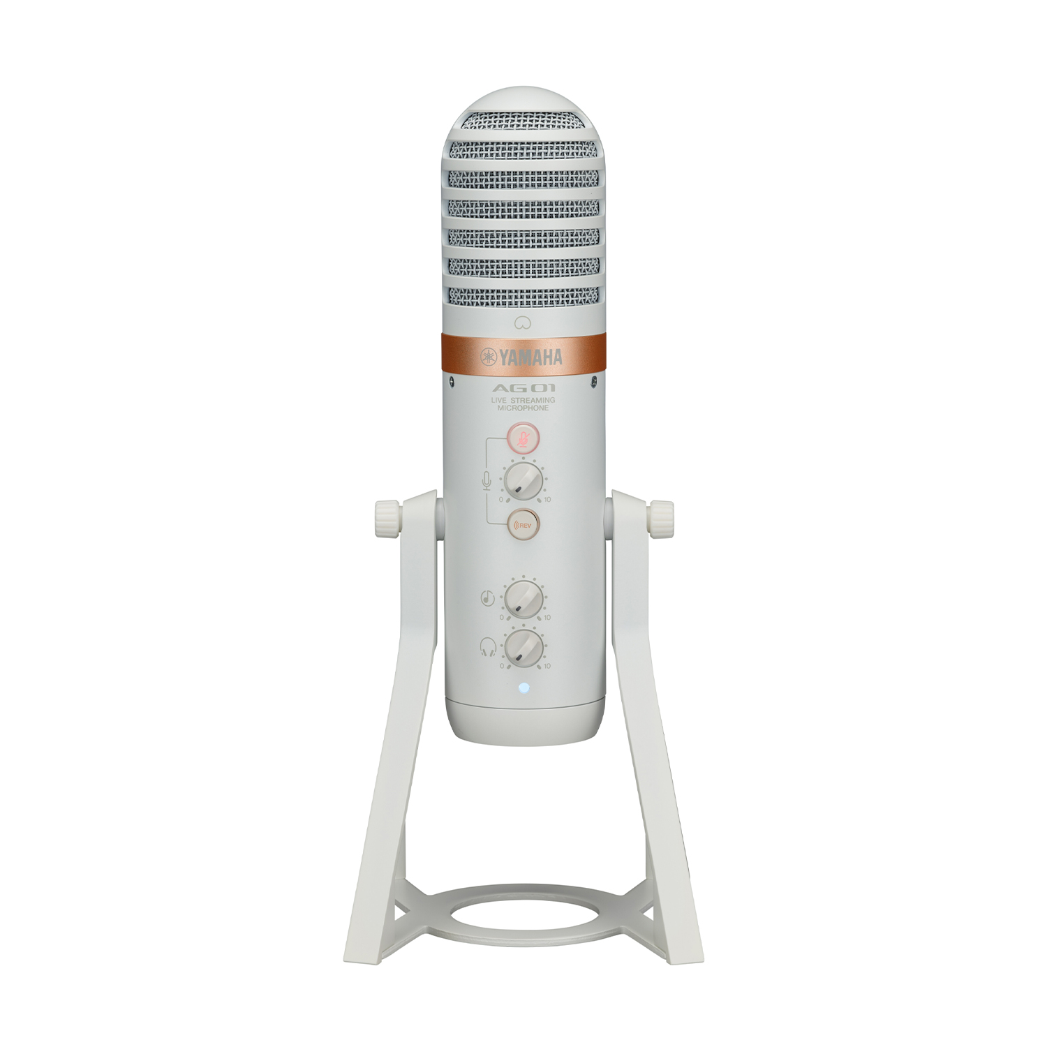 Microfono Yamaha AG01 bianco su supporto bianco, con controlli e parte superiore in rete, isolato su sfondo bianco.