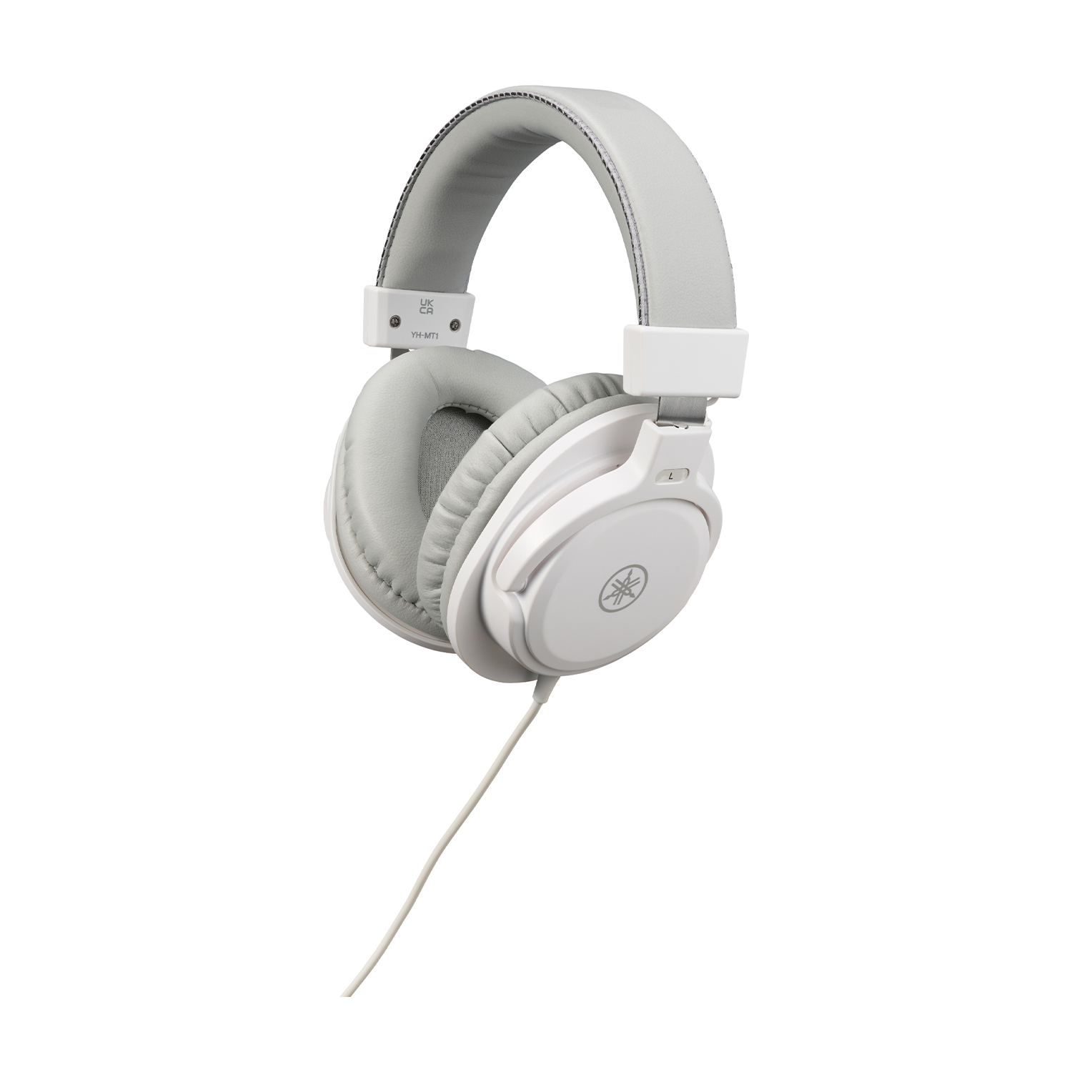 Cuffie bianche con archetto grigio e cavo bianco su sfondo bianco. Colori: bianco, grigio.