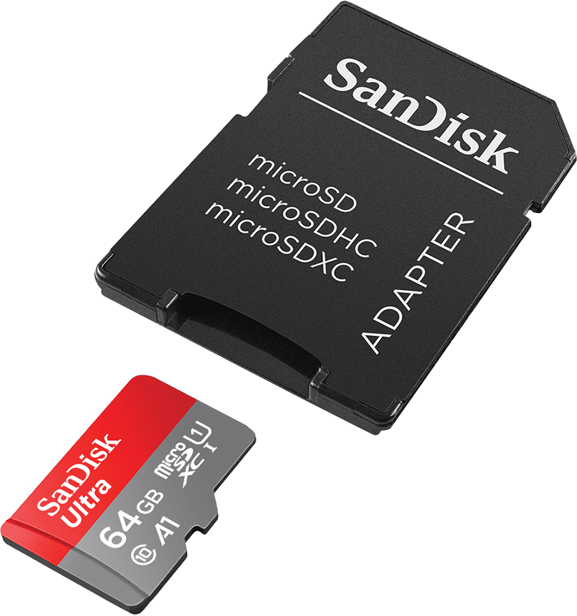 MicroSD card and adapter for a SanDisk memory card, on a black background.