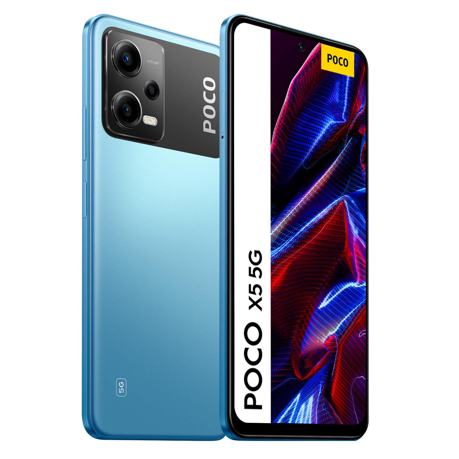 Teléfono Poco X5 5G azul. Dos teléfonos sobre fondo blanco.