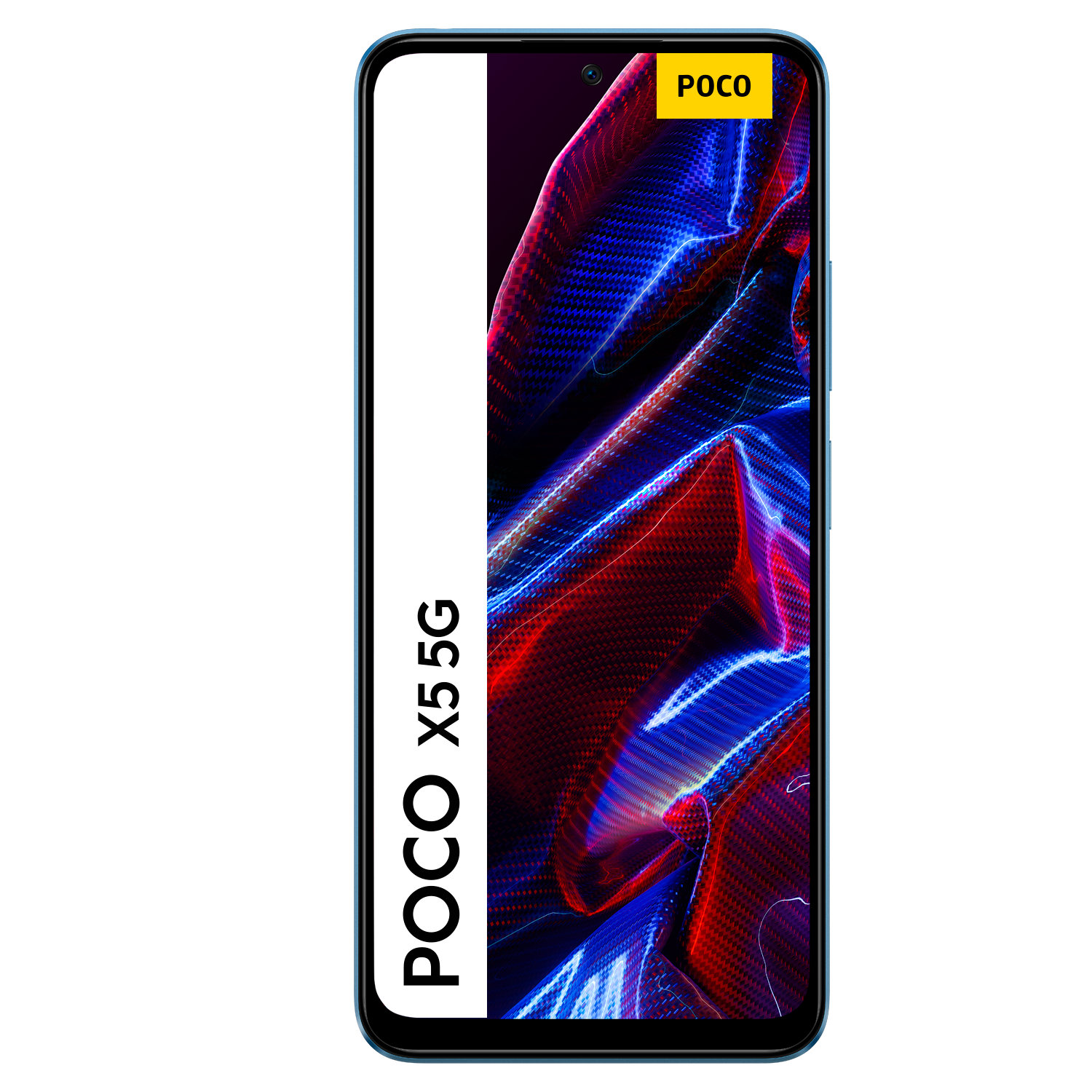Teléfono Poco X5 5G, marco azul, pantalla negra con texto vertical blanco y logo Poco arriba.