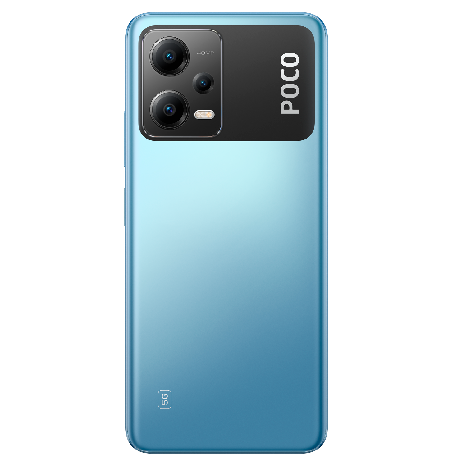 Parte trasera del teléfono Poco azul. Módulo de cámara negro con 48MP. "POCO" en franja negra. Logotipo 5G en la parte inferior.