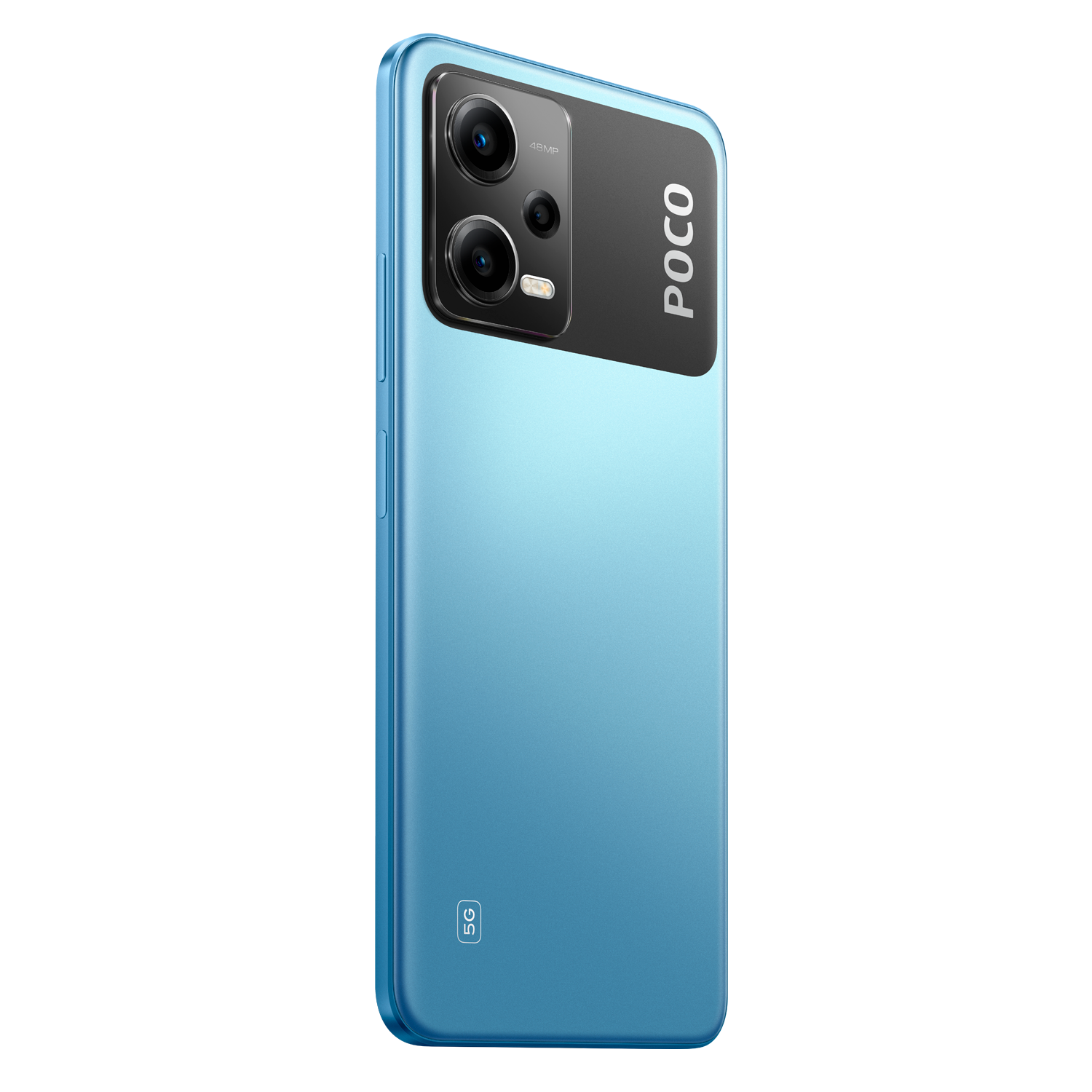 Smartphone azul sobre un fondo negro. La palabra POCO es visible.