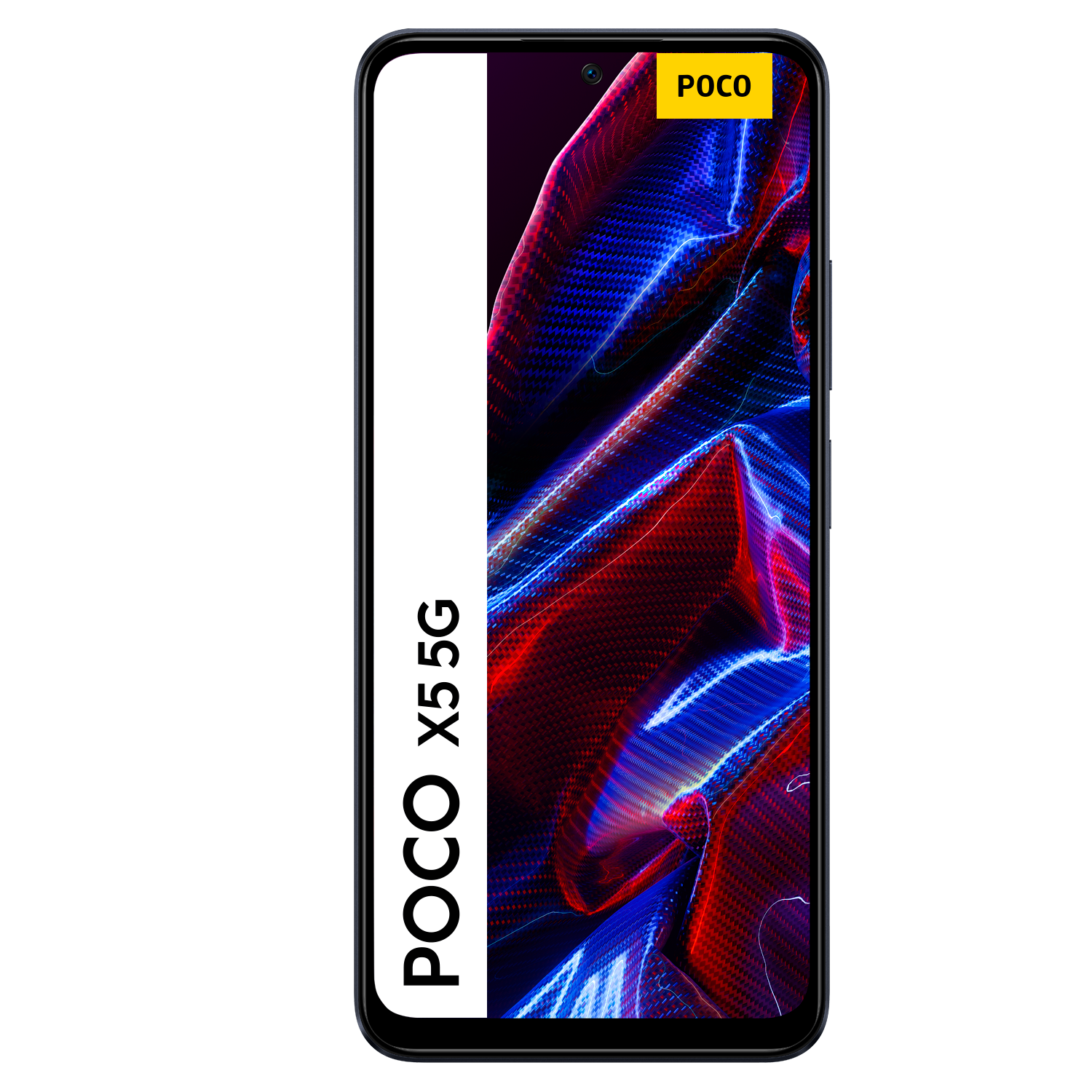 Smartphone POCO X5 5G. Pantalla muestra imagen abstracta dinámica. Marco negro con barra blanca.