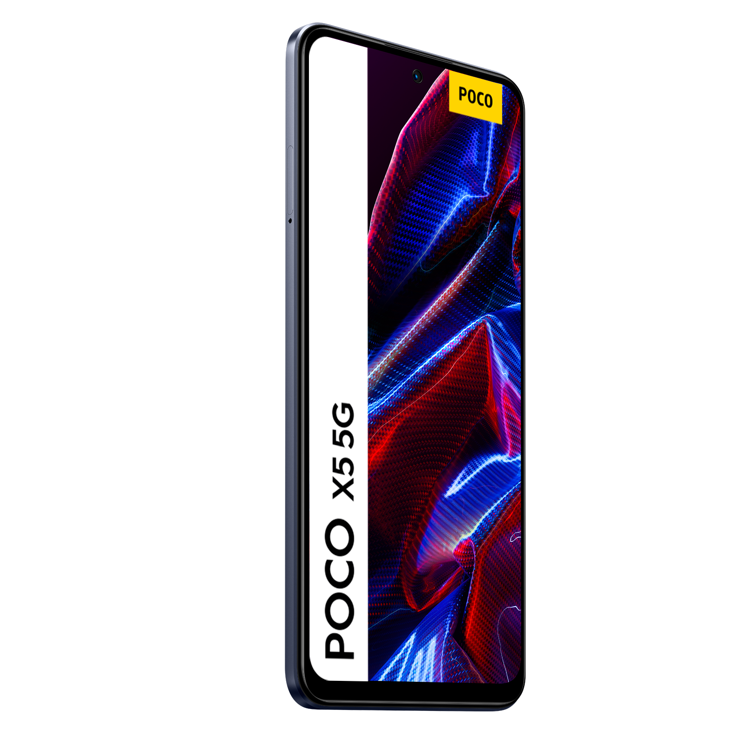 Un teléfono Poco X5 5G, marco azul, pantalla negra con barra blanca y logotipo de POCO.