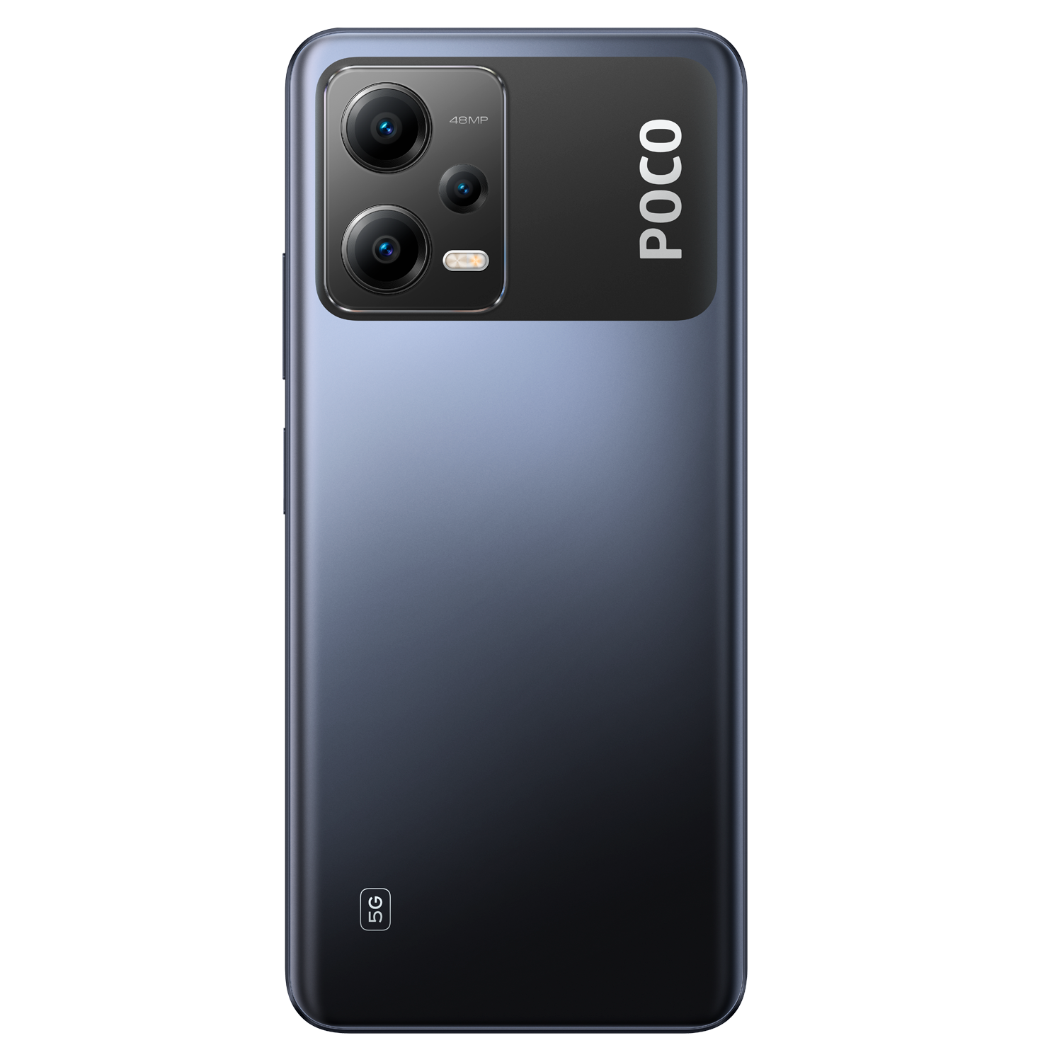 Vista trasera del teléfono Poco negro. El teléfono tiene un módulo de cámara con tres lentes.