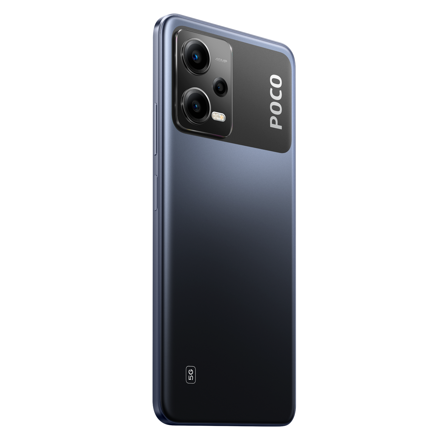 Teléfono móvil negro y azul con texto POCO.