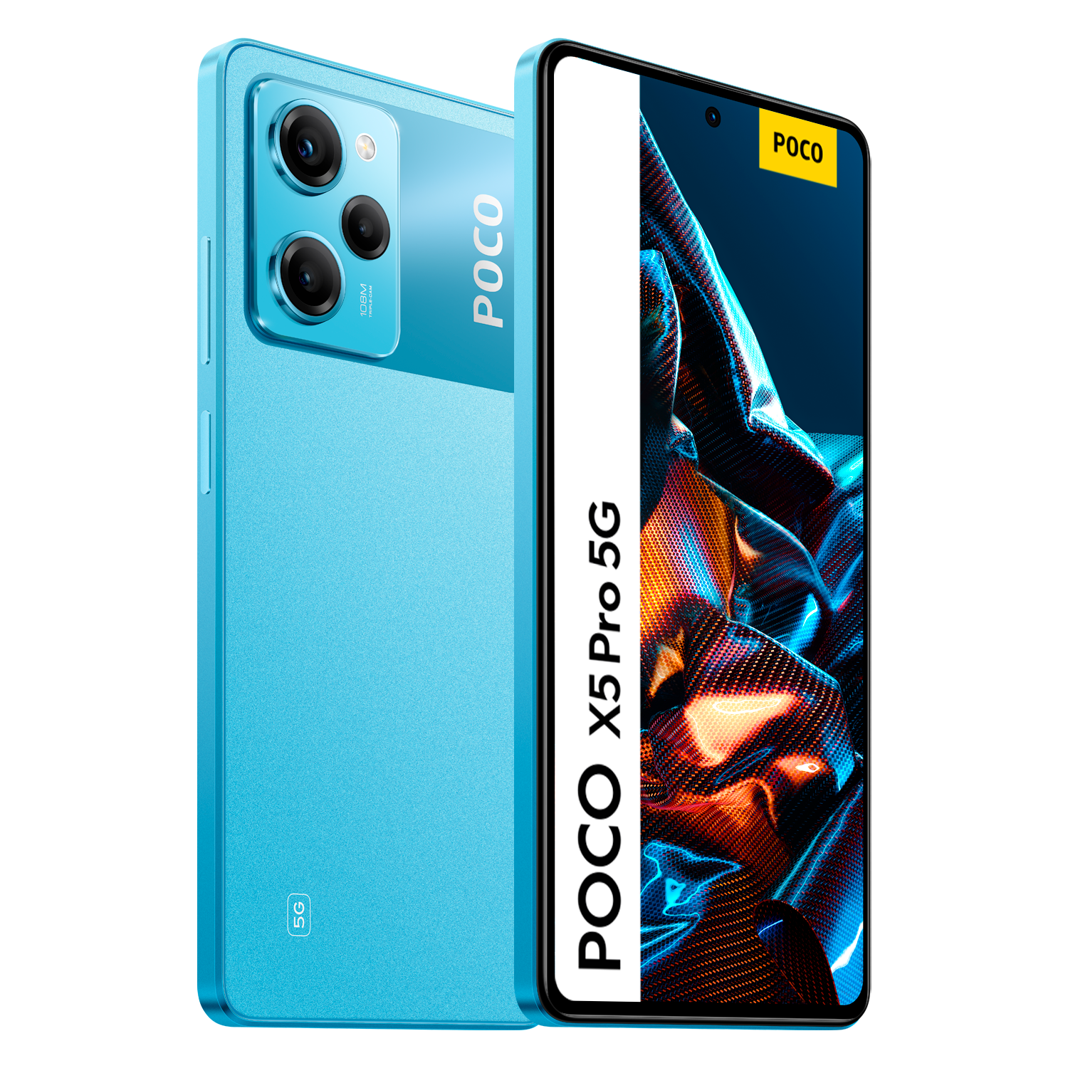 Un teléfono azul con una franja blanca y el logo POCO sobre fondo negro.